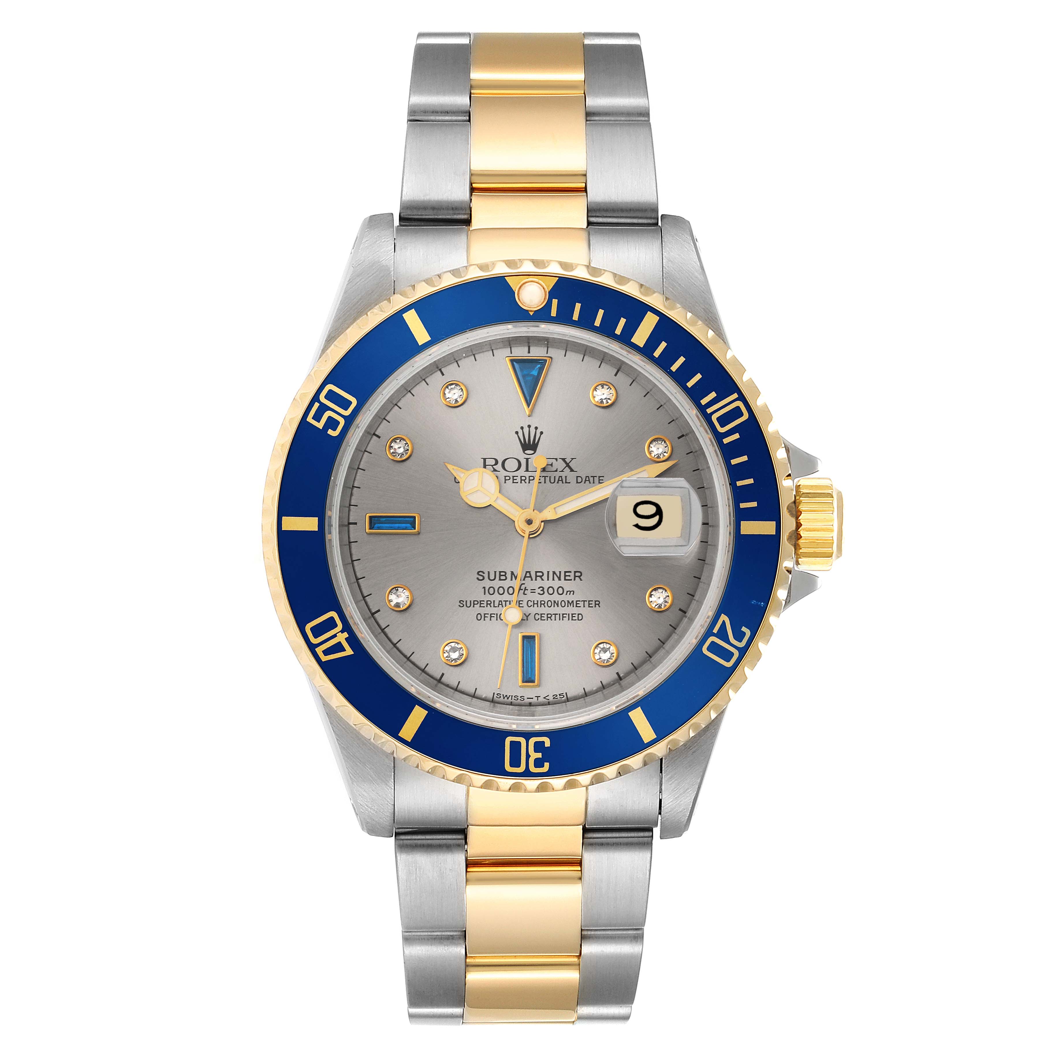The image shows a front view of the Rolex Submariner 16613 Men's Steel and Gold (two tone) Grey Dial 16613 Men's Steel and Gold (two tone) Grey Dial watch, highlighting the bezel, dial, and bracelet.