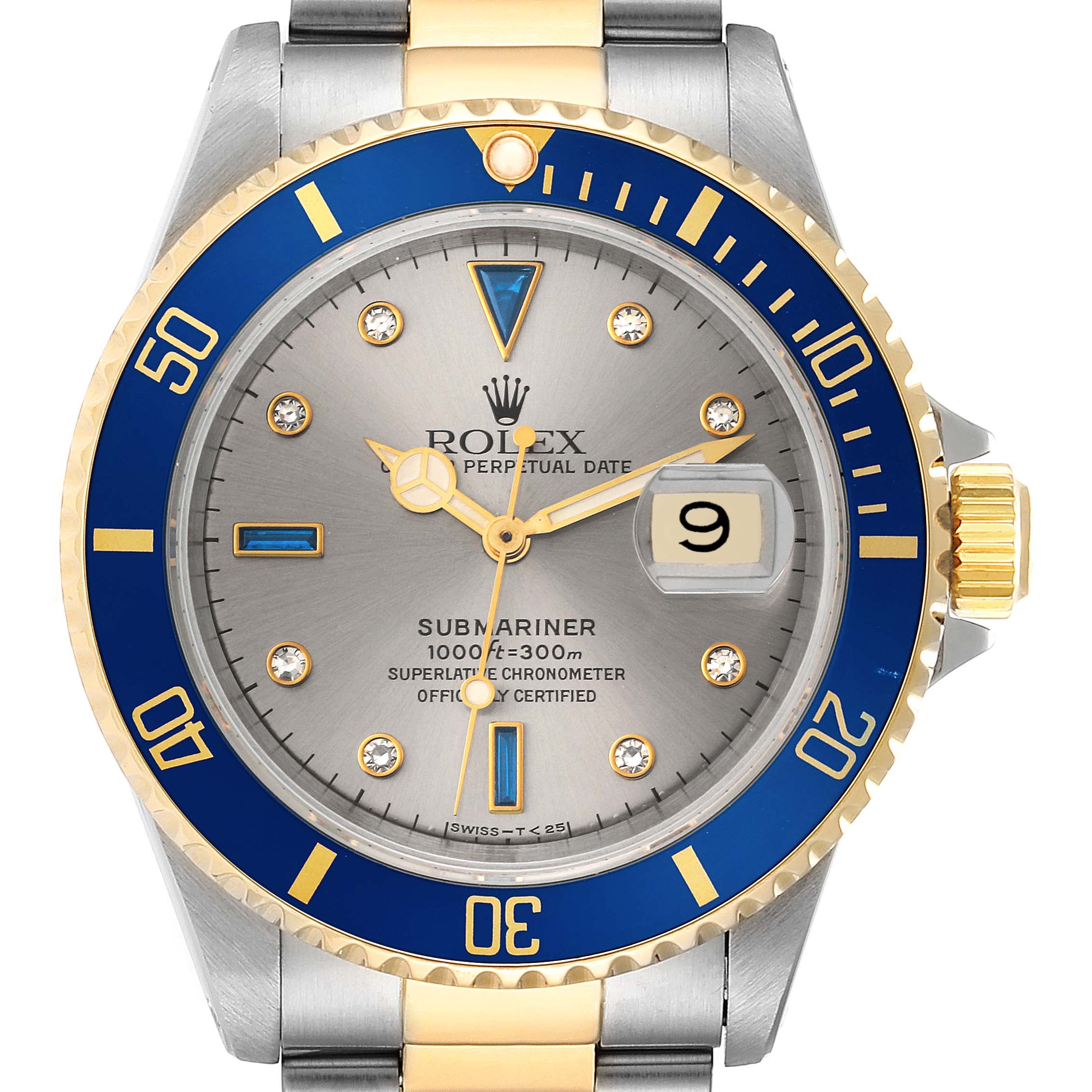The Rolex Submariner 16613 Men's Steel and Gold (two tone) Grey Dial 16613 Men's Steel and Gold (two tone) Grey Dial watch is shown from the front, highlighting its dial, bezel, and bracelet.