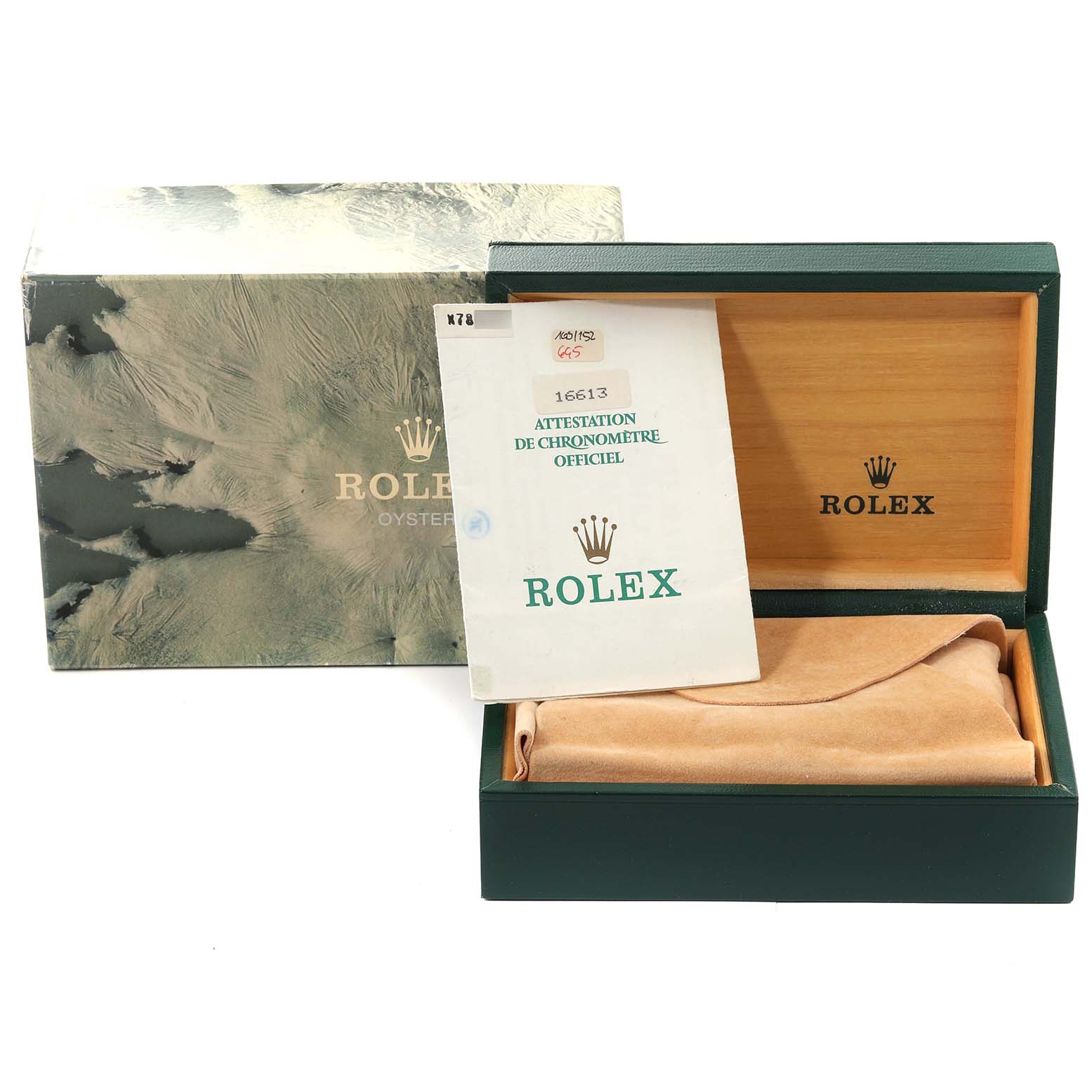 The image shows the packaging and certificate for a Rolex Submariner 16613 Men's Steel and Gold (two tone) Grey Dial 16613 Men's Steel and Gold (two tone) Grey Dial, including the outer box, inner box, and paperwork.