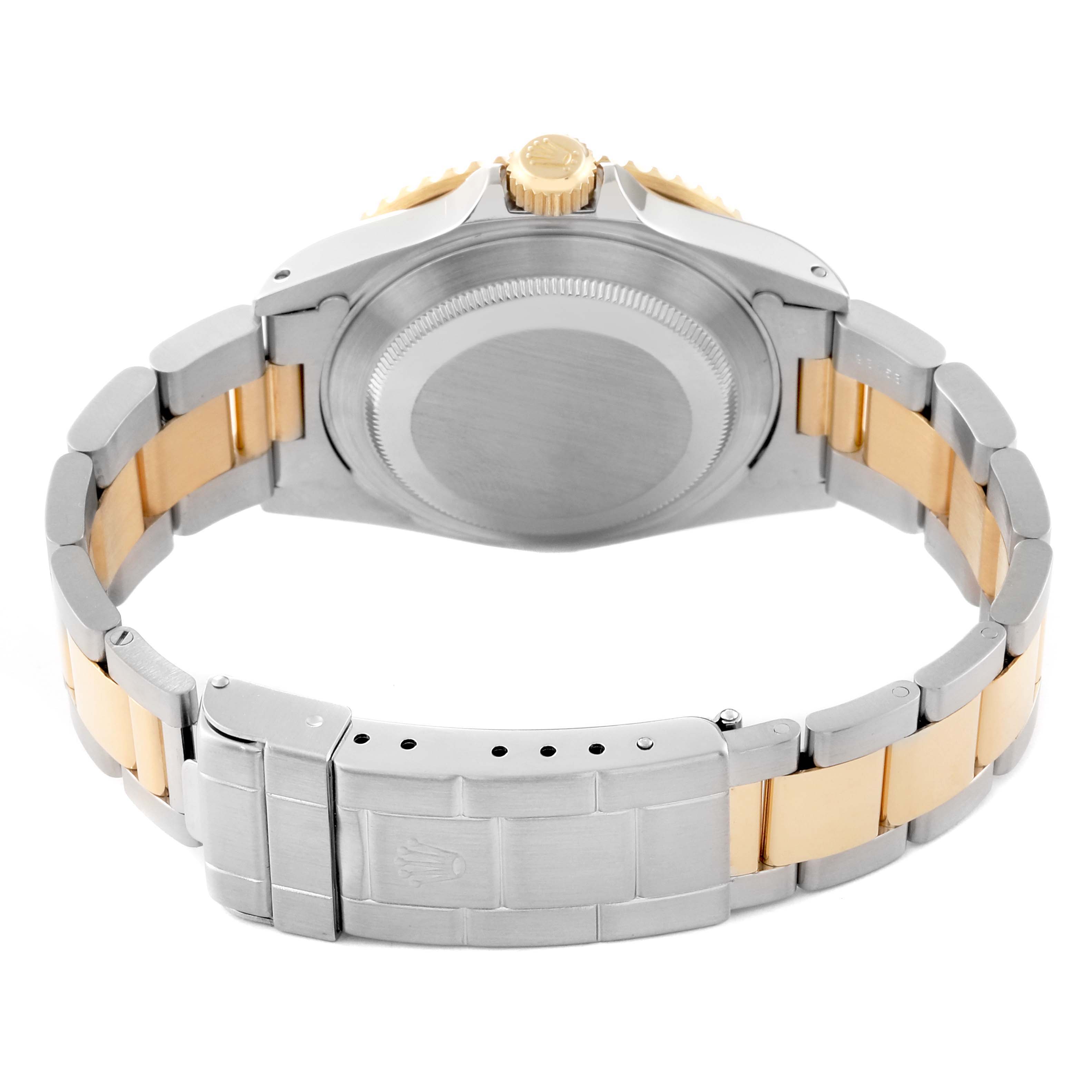 The image shows the back case and bracelet of a Rolex Submariner 16613 Men's Steel and Gold (two tone) Grey Dial 16613 Men's Steel and Gold (two tone) Grey Dial watch with a two-tone metal finish.