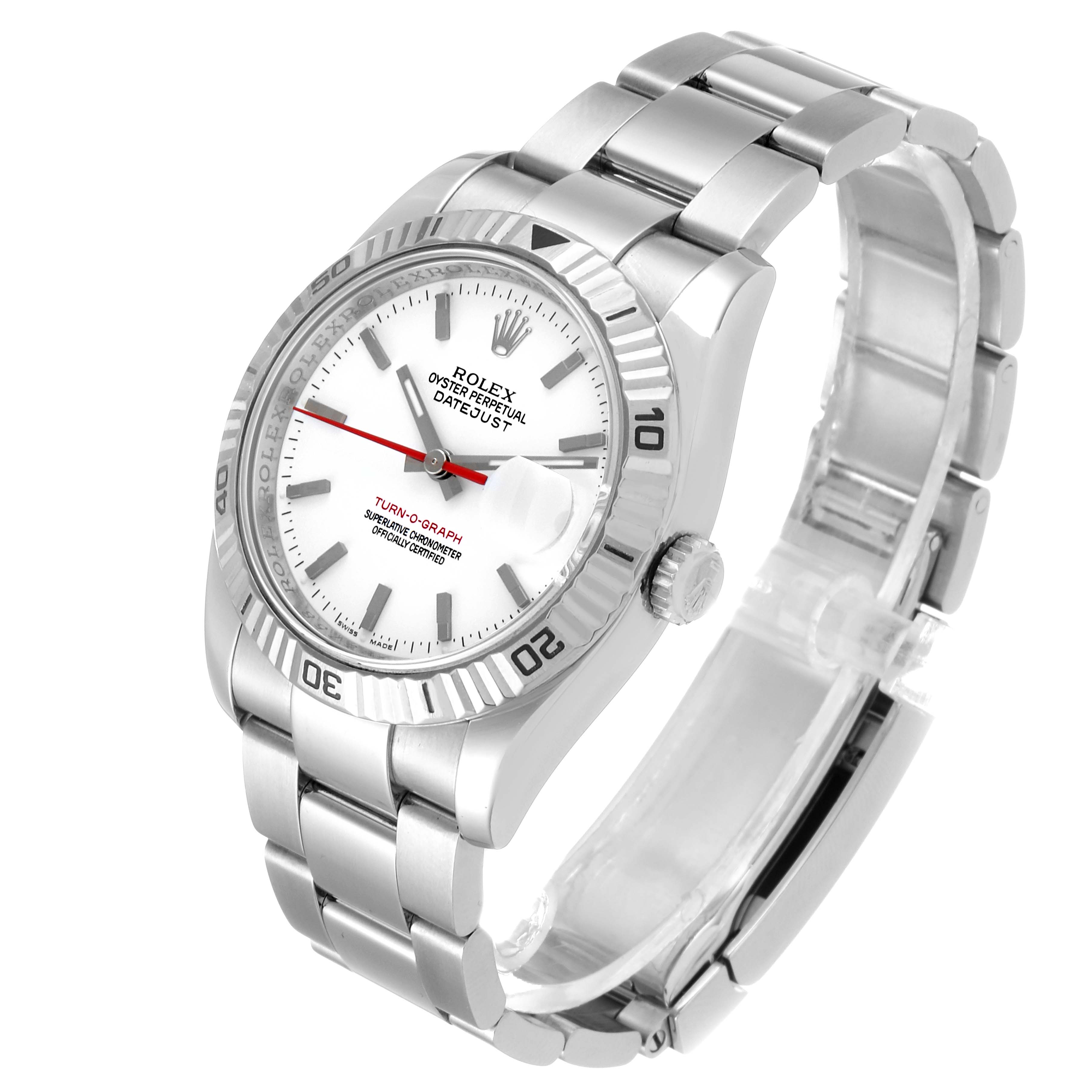 The Rolex Turn-o-Graph 116264 Men's Stainless Steel White Dial 116264 Men's Stainless Steel White Dial watch is shown at an angle displaying its stainless steel band, bezel, dial, and crown.