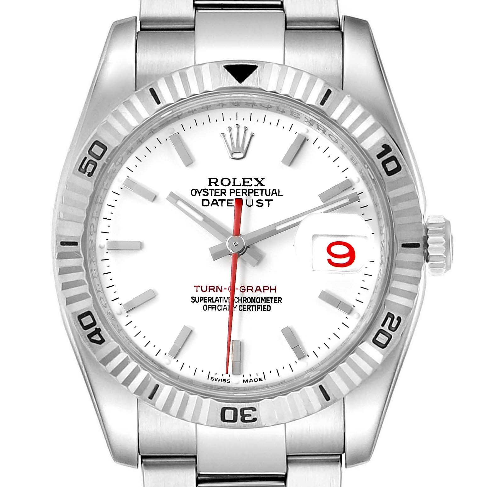 This image shows a Rolex Turn-o-Graph 116264 Men's Stainless Steel White Dial 116264 Men's Stainless Steel White Dial watch from the front, highlighting its face, bezel, and part of the bracelet.