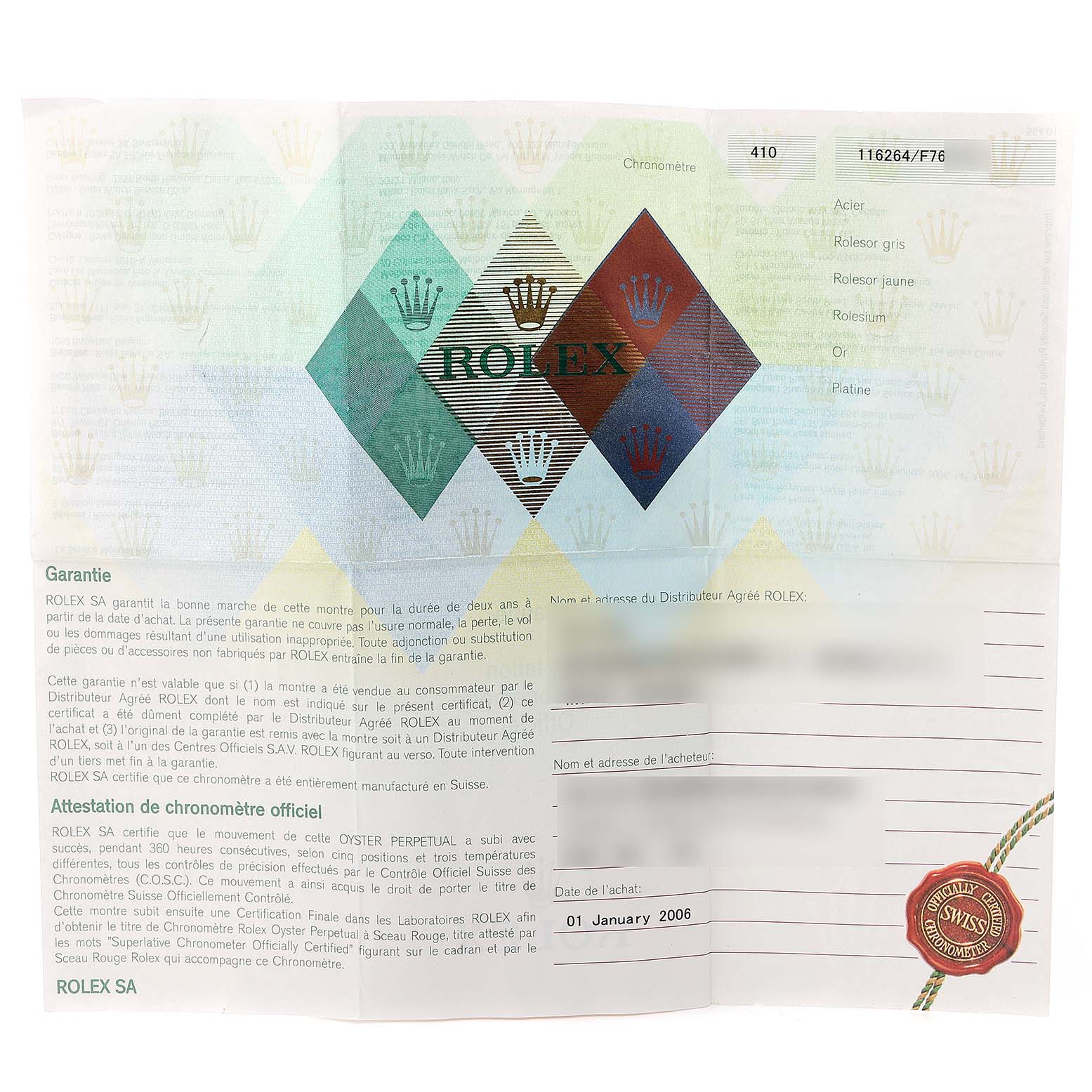 This image shows a warranty certificate for the Rolex Turn-o-Graph 116264 Men's Stainless Steel White Dial 116264 Men's Stainless Steel White Dial model, featuring the brand's logo and purchase details.