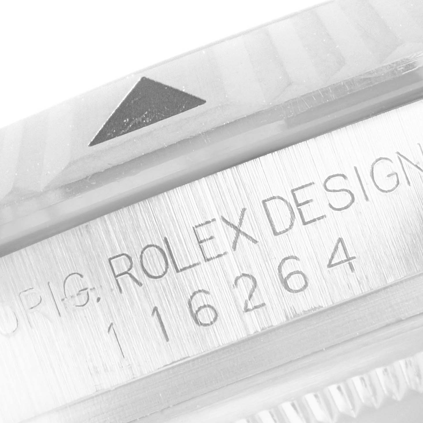 This image shows a close-up of the engraving and bezel of a Rolex Turn-o-Graph 116264 Men's Stainless Steel White Dial 116264 Men's Stainless Steel White Dial model.