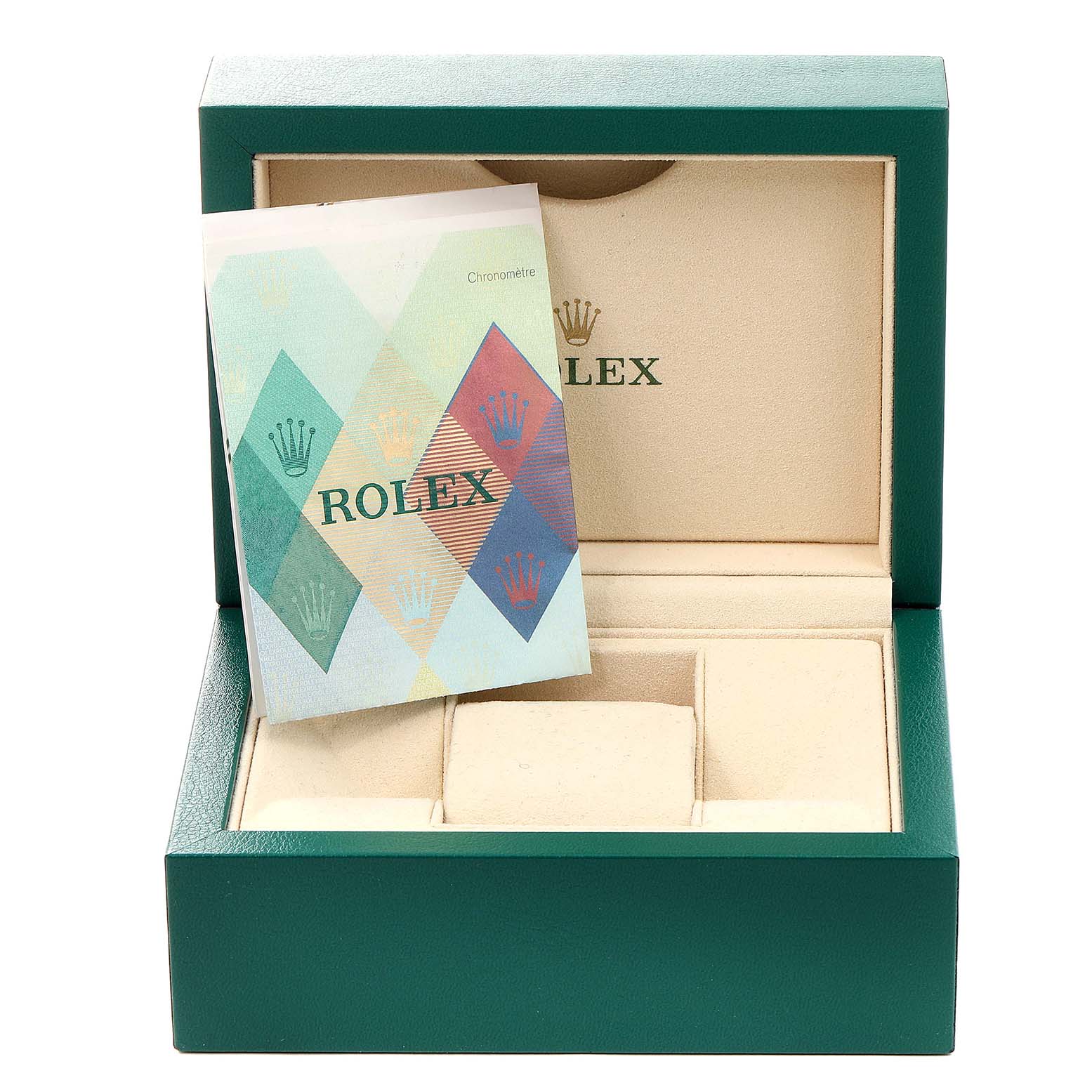 The image shows the open box and booklet for the Rolex Turn-o-Graph 116264 Men's Stainless Steel White Dial 116264 Men's Stainless Steel White Dial model, angled from the front.