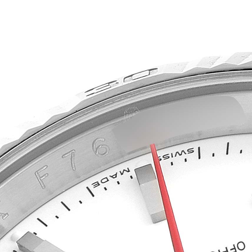 This close-up image shows part of the dial and bezel of the Rolex Turn-o-Graph 116264 Men's Stainless Steel White Dial 116264 Men's Stainless Steel White Dial watch model.