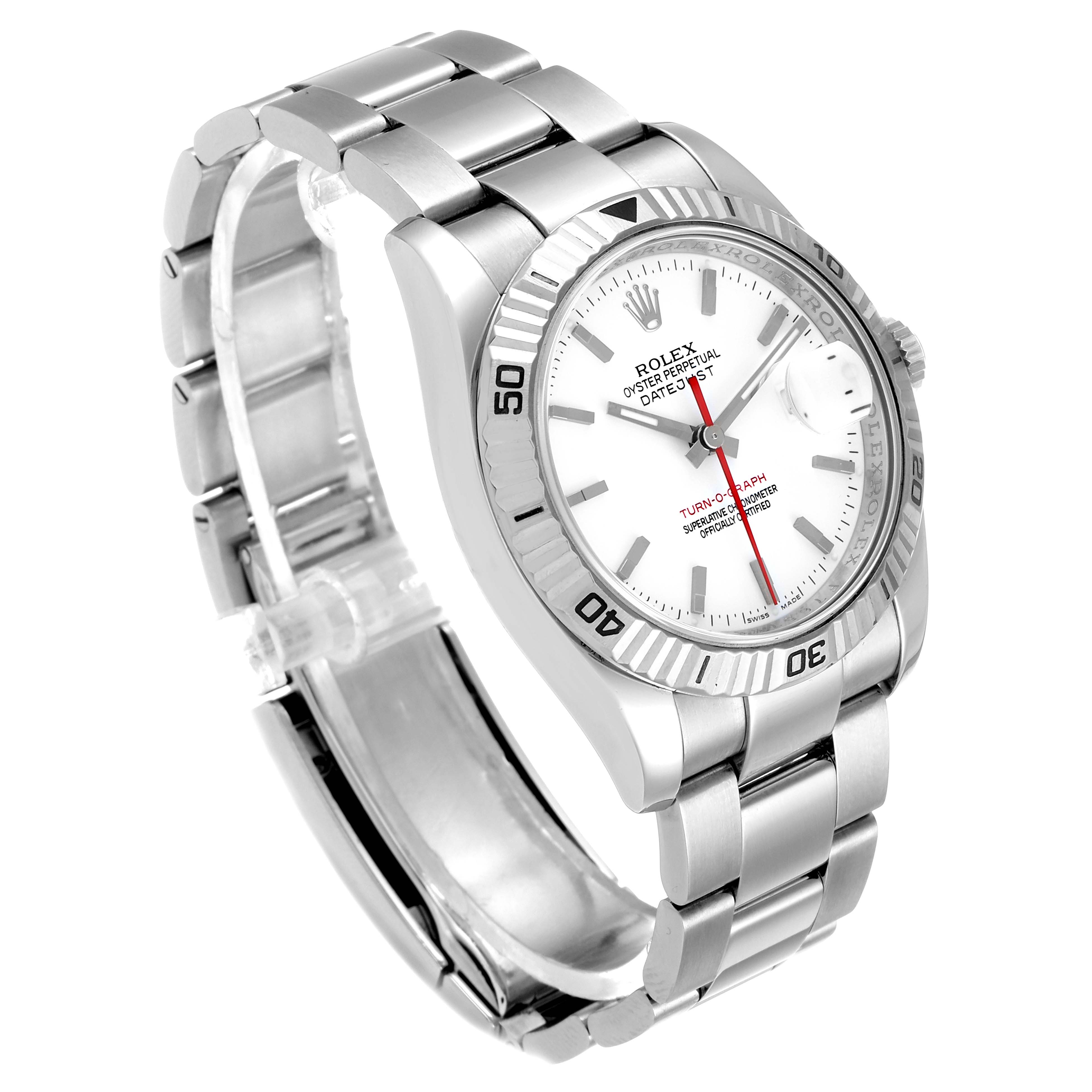 The Rolex Turn-o-Graph 116264 Men's Stainless Steel White Dial 116264 Men's Stainless Steel White Dial watch is shown at an angle highlighting the face, bezel, and partially opened bracelet.