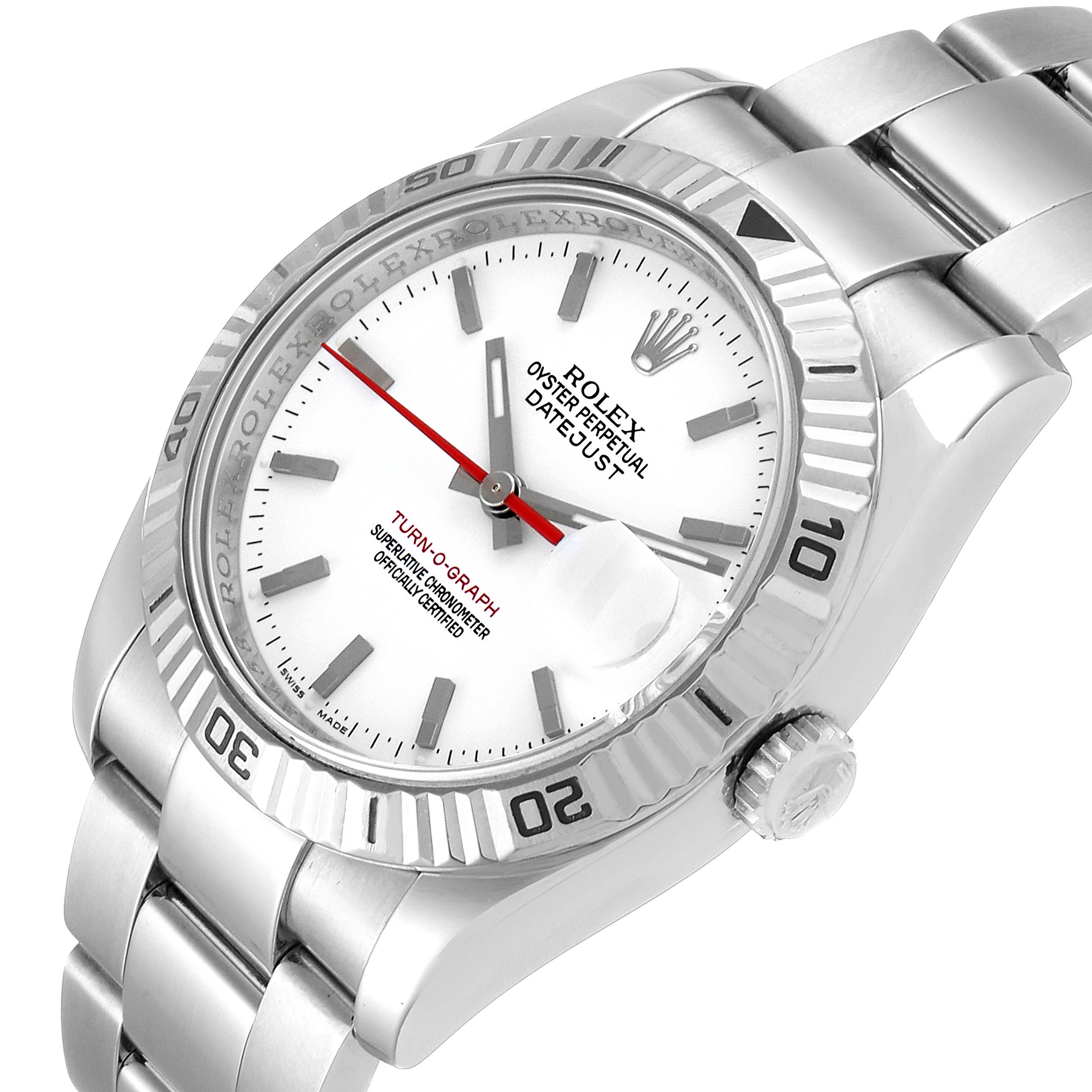 The Rolex Turn-o-Graph 116264 Men's Stainless Steel White Dial 116264 Men's Stainless Steel White Dial watch is shown at an angle displaying its face, bezel, crown, and part of the stainless steel bracelet.