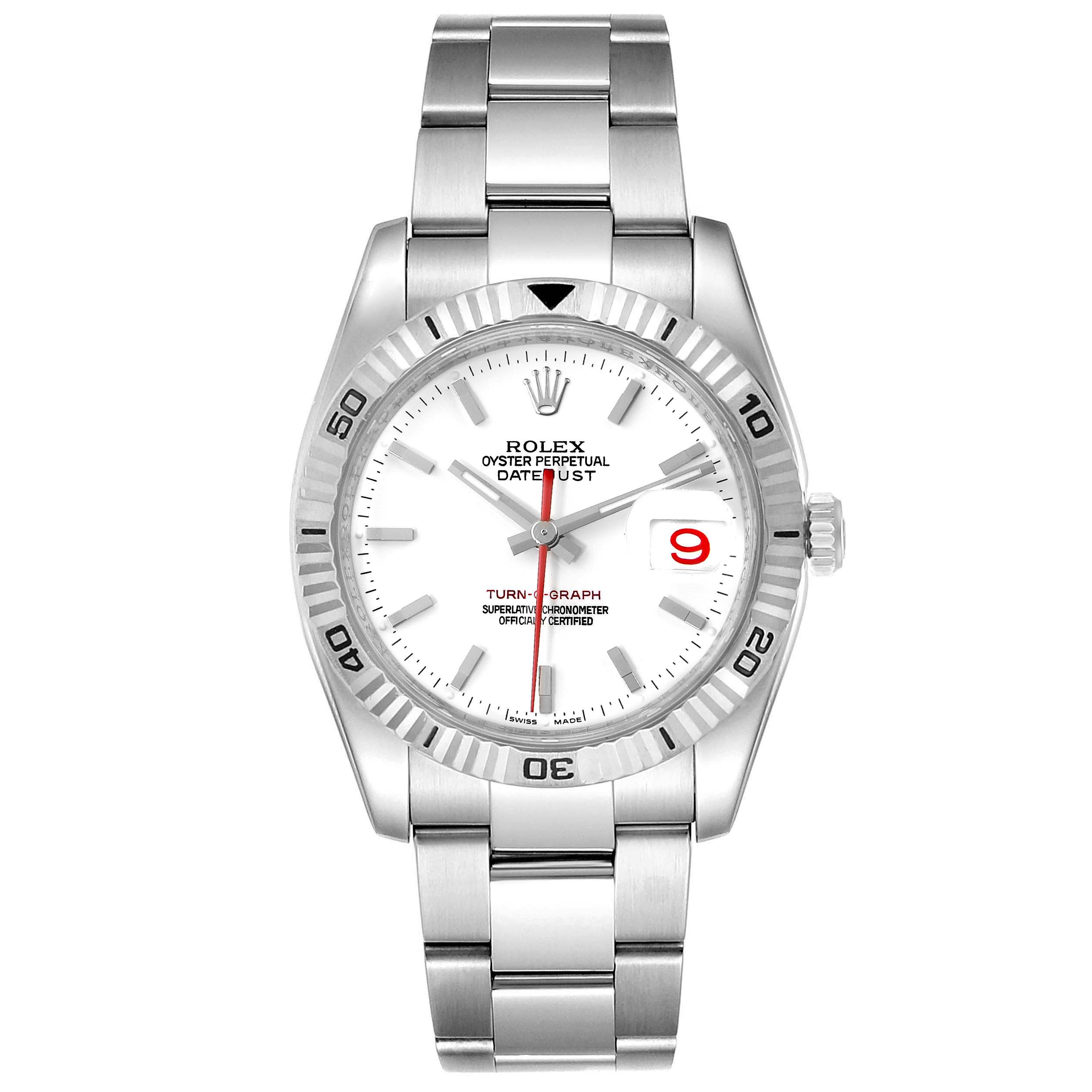 The image shows a front view of the Rolex Turn-o-Graph 116264 Men's Stainless Steel White Dial 116264 Men's Stainless Steel White Dial watch, displaying the dial, bezel, case, and bracelet.