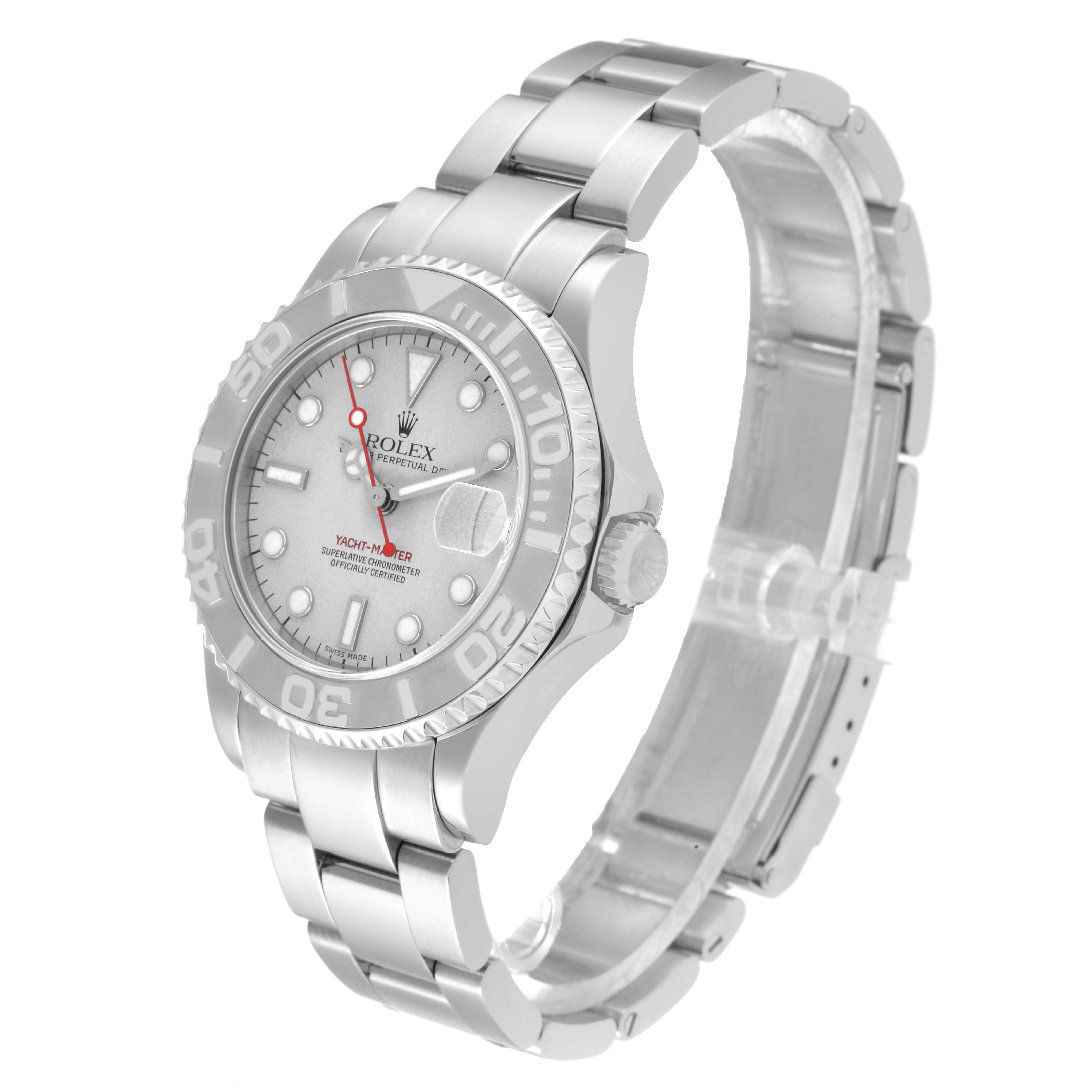 The image shows a Rolex Yacht-Master 168622 Men's Stainless Steel Silver Dial 168622 Men's Stainless Steel Silver Dial watch at an angled side view, displaying its bracelet, bezel, crown, and face.