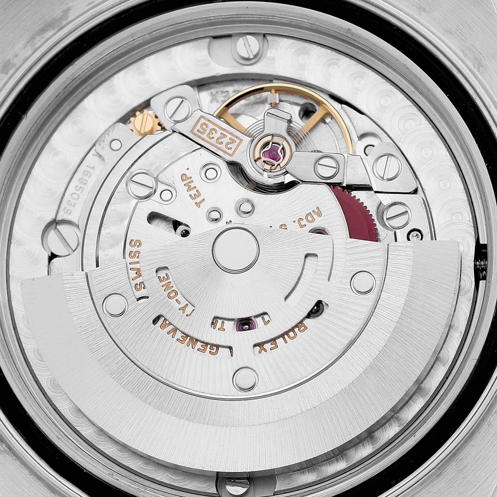 This image shows the inner mechanical movement of the Rolex Yacht-Master 168622 Men's Stainless Steel Silver Dial 168622 Men's Stainless Steel Silver Dial watch from a top-down angle.