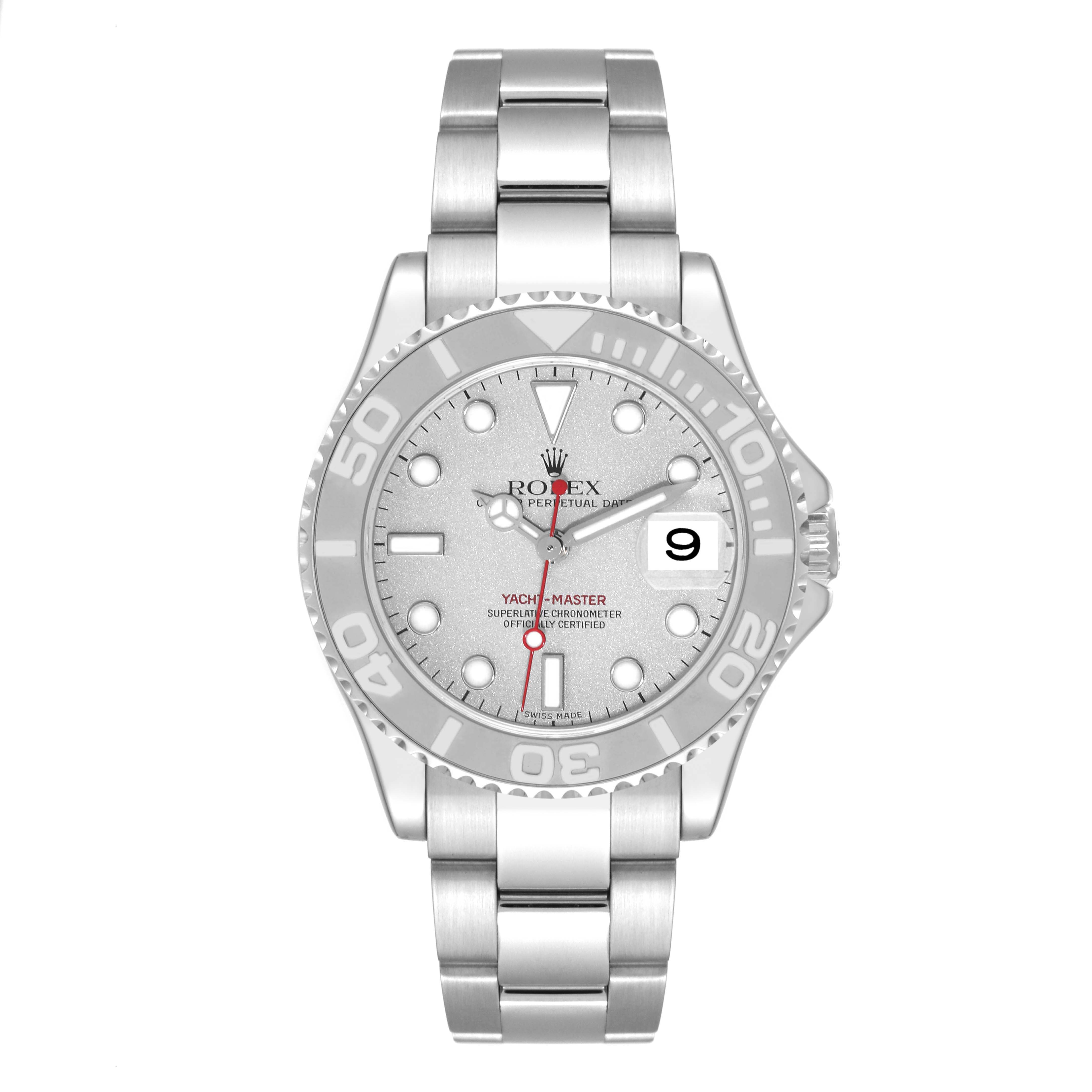The image shows a frontal view of the Rolex Yacht-Master 168622 Men's Stainless Steel Silver Dial 168622 Men's Stainless Steel Silver Dial watch, displaying its face, bezel, and bracelet.