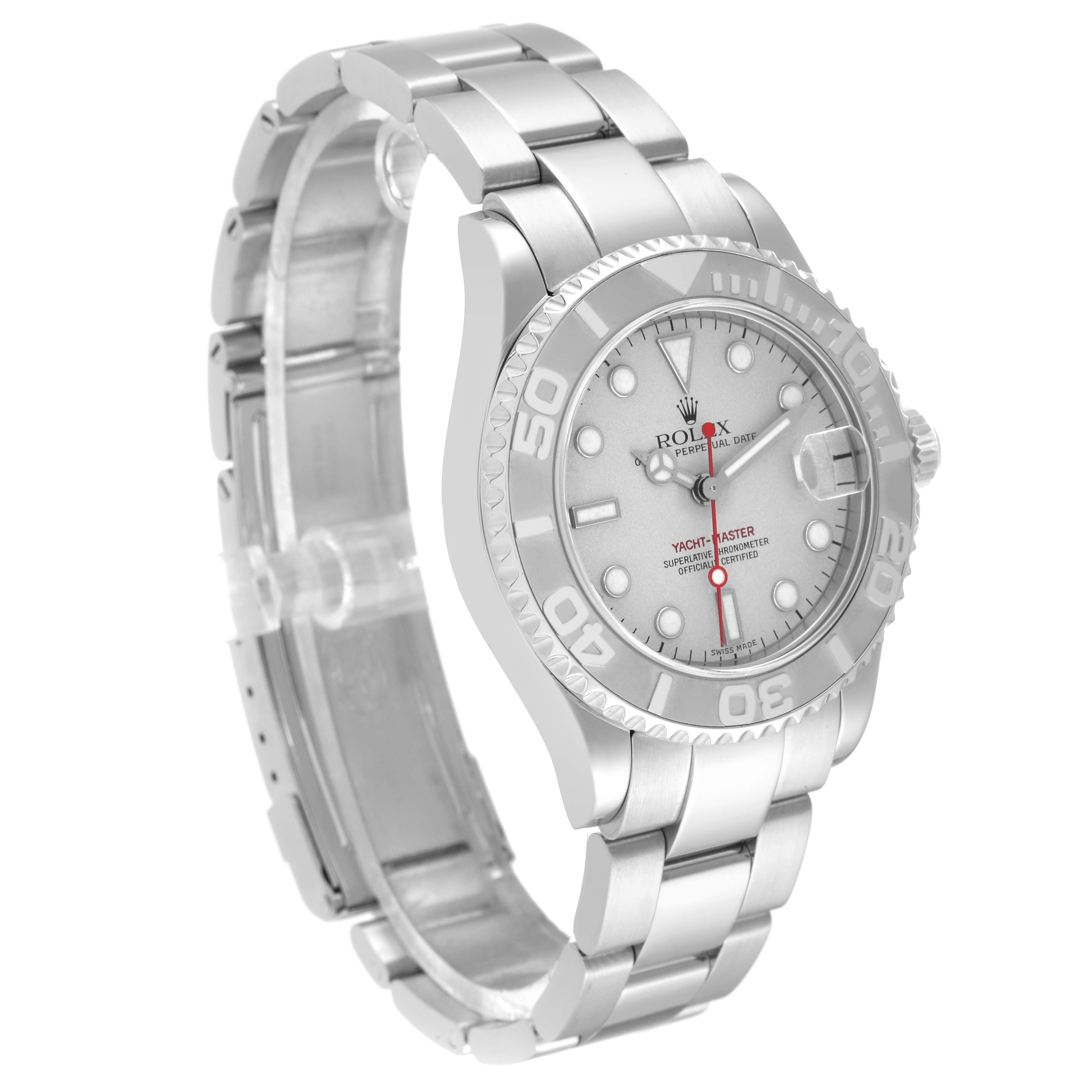 The image shows a side angle view of a Rolex Yacht-Master 168622 Men's Stainless Steel Silver Dial 168622 Men's Stainless Steel Silver Dial watch, highlighting the bezel, face, bracelet, and clasp.