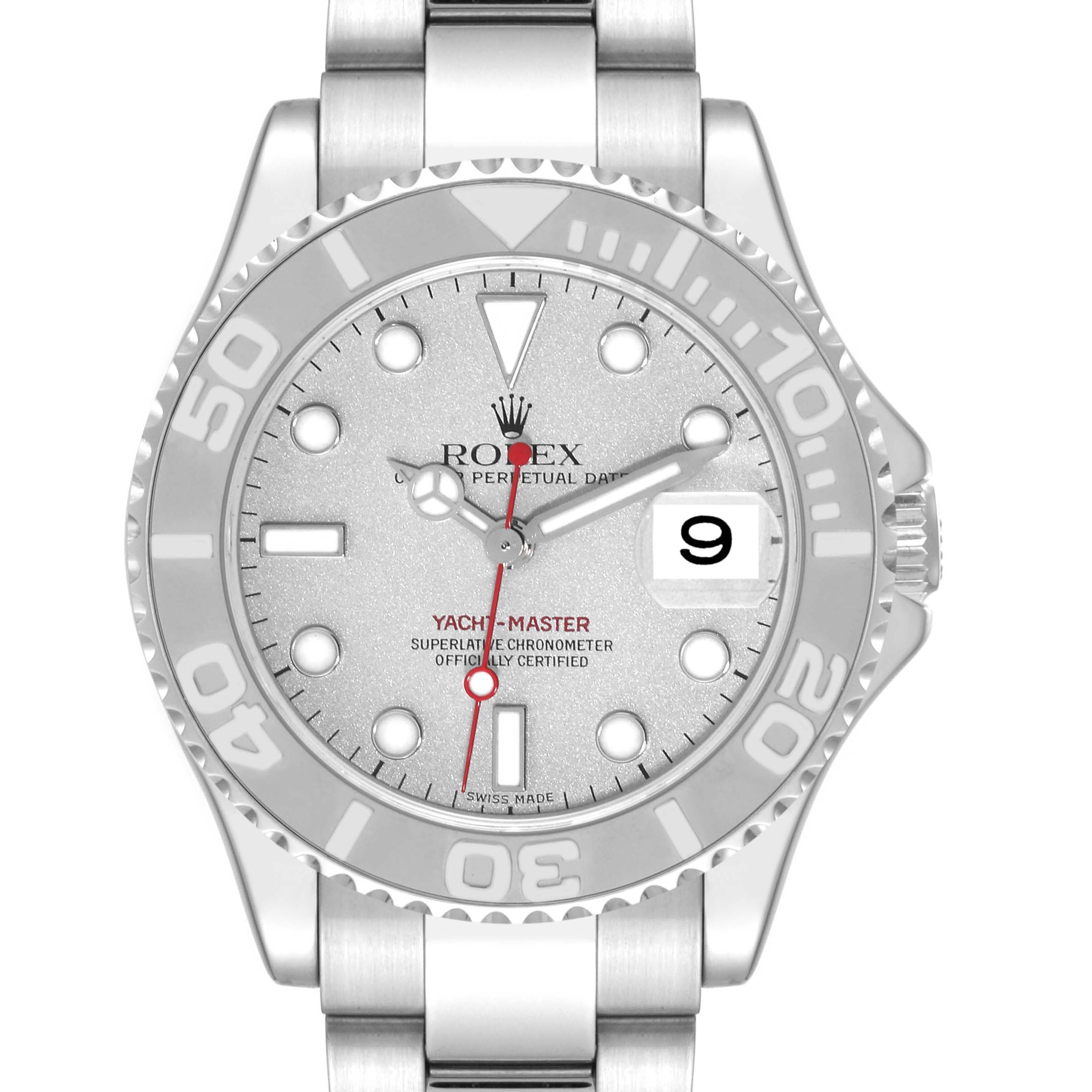 This image shows a front view of the Rolex Yacht-Master 168622 Men's Stainless Steel Silver Dial 168622 Men's Stainless Steel Silver Dial watch, highlighting its dial, bezel, and bracelet.