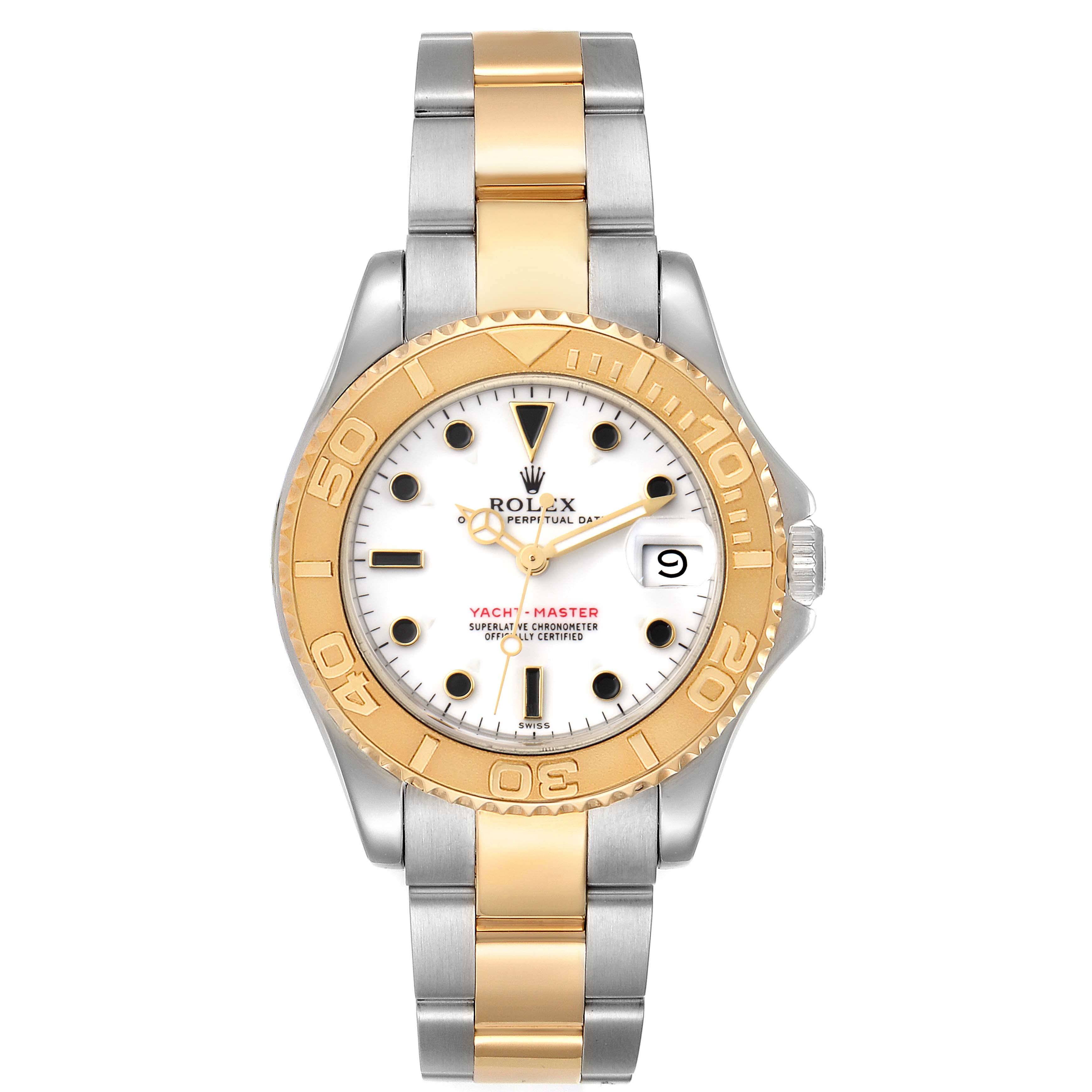 The image shows a frontal view of the Rolex Yacht-Master 68623 Men's Steel and Gold (two tone) White Dial 68623 Men's Steel and Gold (two tone) White Dial watch, highlighting its face, bezel, and two-tone bracelet.