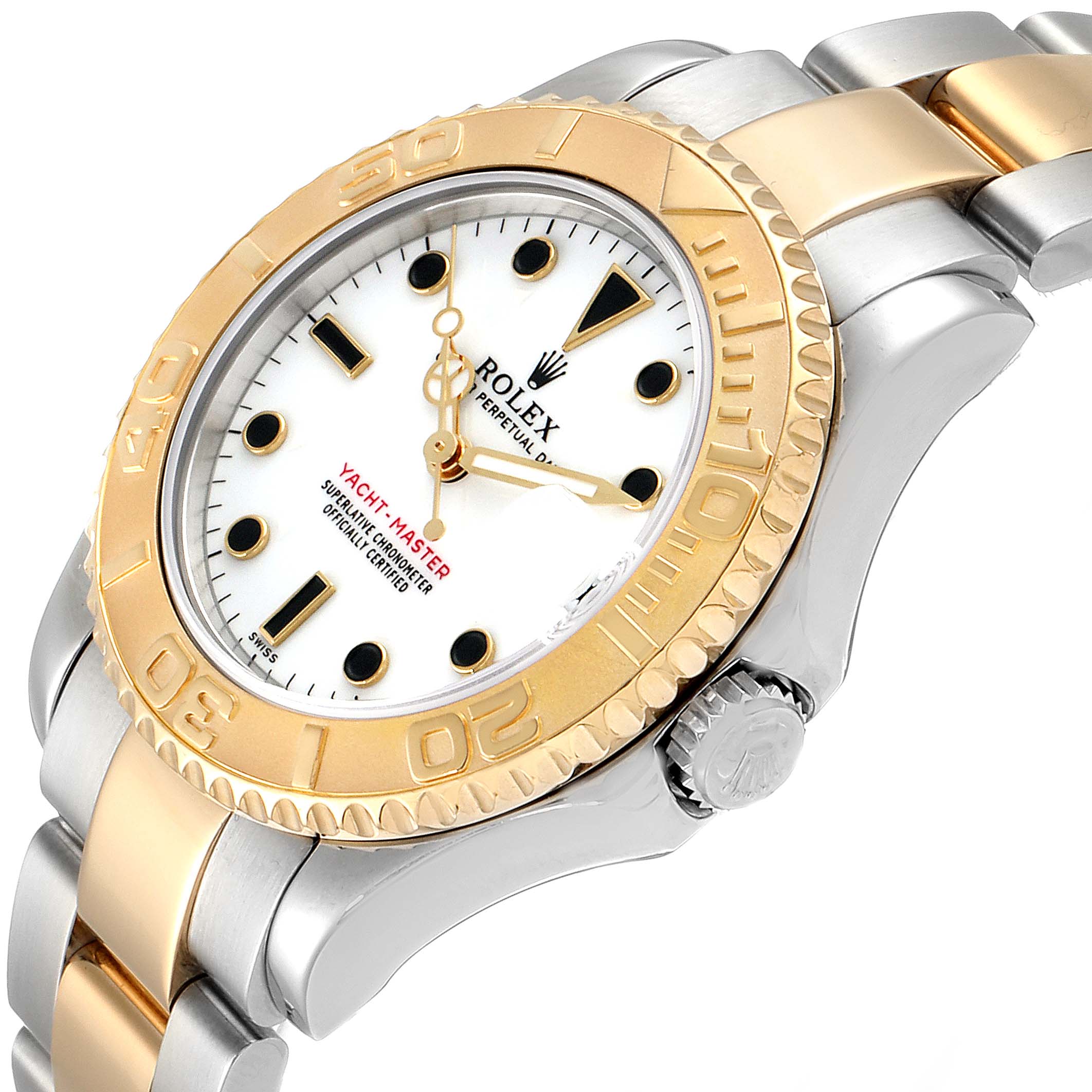 This Rolex Yacht-Master 68623 Men's Steel and Gold (two tone) White Dial 68623 Men's Steel and Gold (two tone) White Dial watch is shown from an angled side view, displaying the dial, bezel, crown, and part of the bracelet.