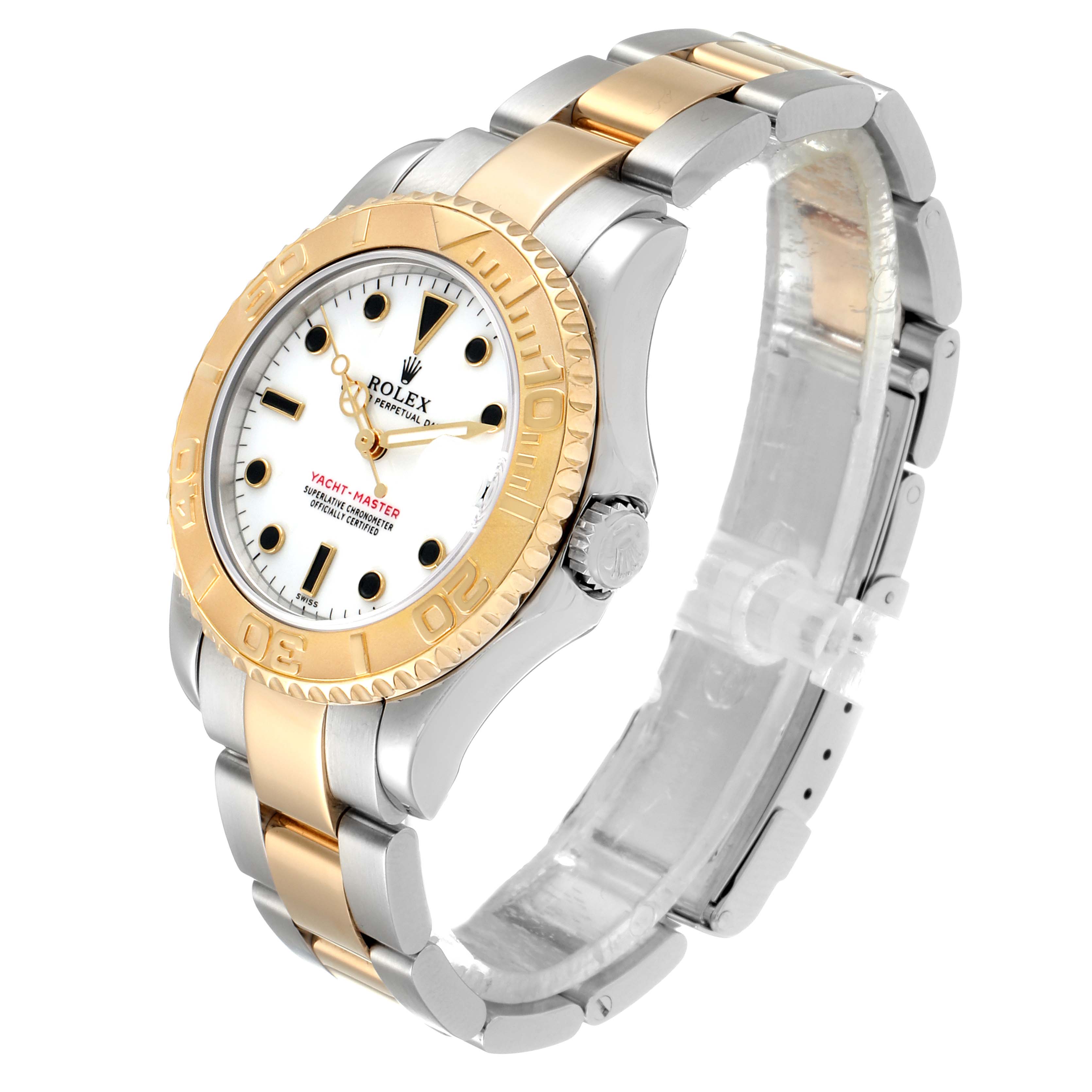 The Rolex Yacht-Master 68623 Men's Steel and Gold (two tone) White Dial 68623 Men's Steel and Gold (two tone) White Dial watch is shown from an angled view, highlighting its two-tone bracelet, bezel, and face.