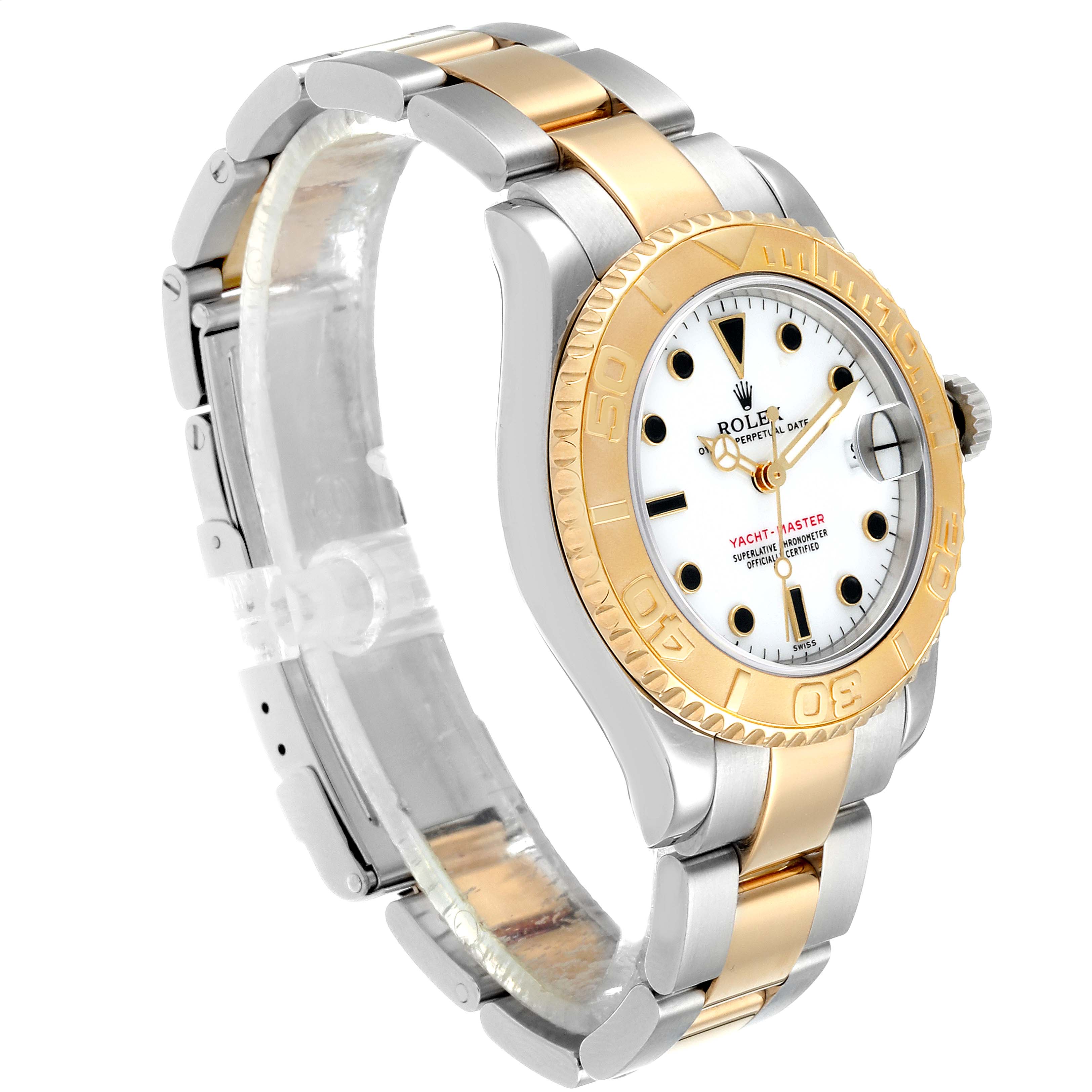 The image shows a side angle of a Rolex Yacht-Master 68623 Men's Steel and Gold (two tone) White Dial 68623 Men's Steel and Gold (two tone) White Dial watch, highlighting its two-tone bracelet and gold bezel.
