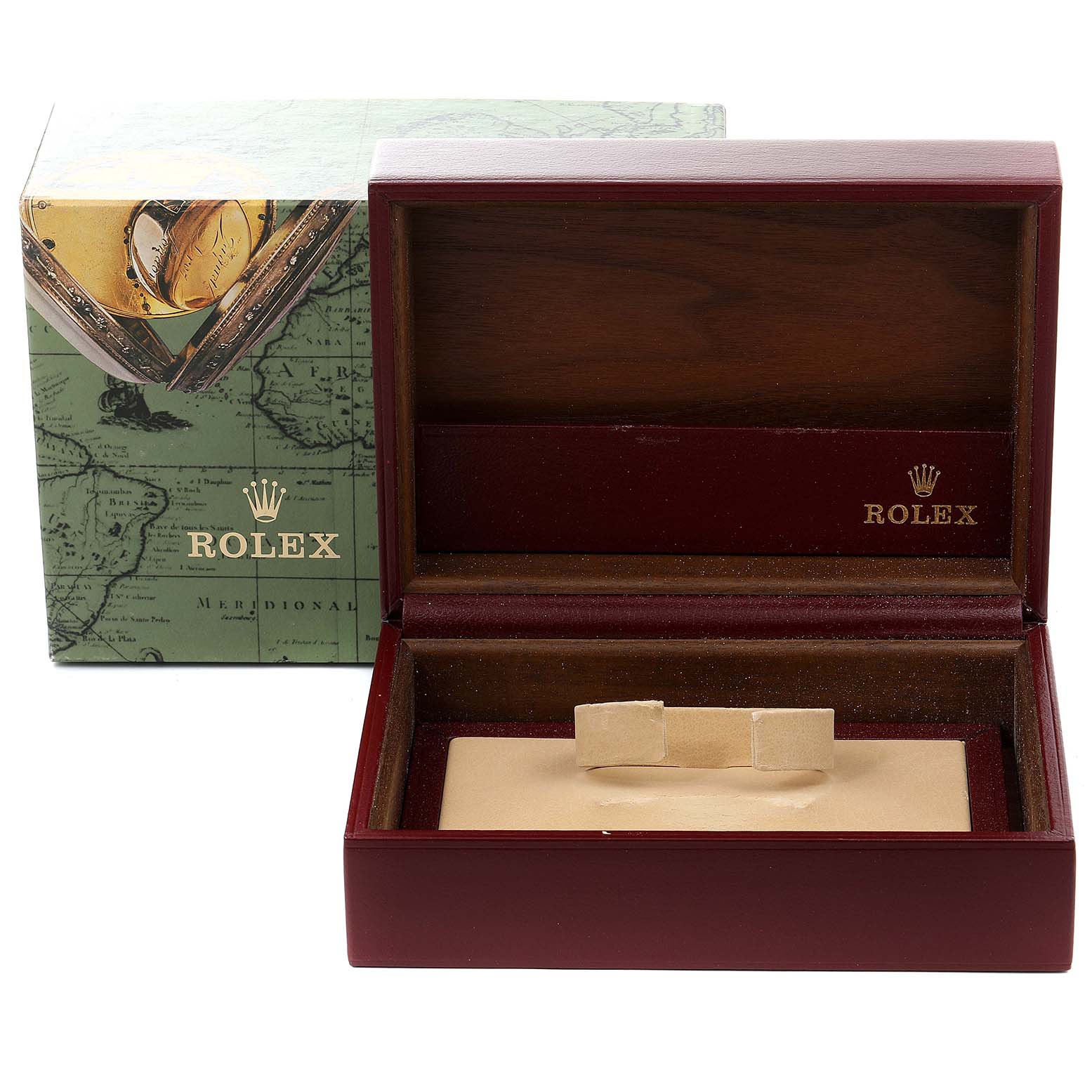The image shows an open Rolex watch box and its outer packaging for the Yacht-Master model.