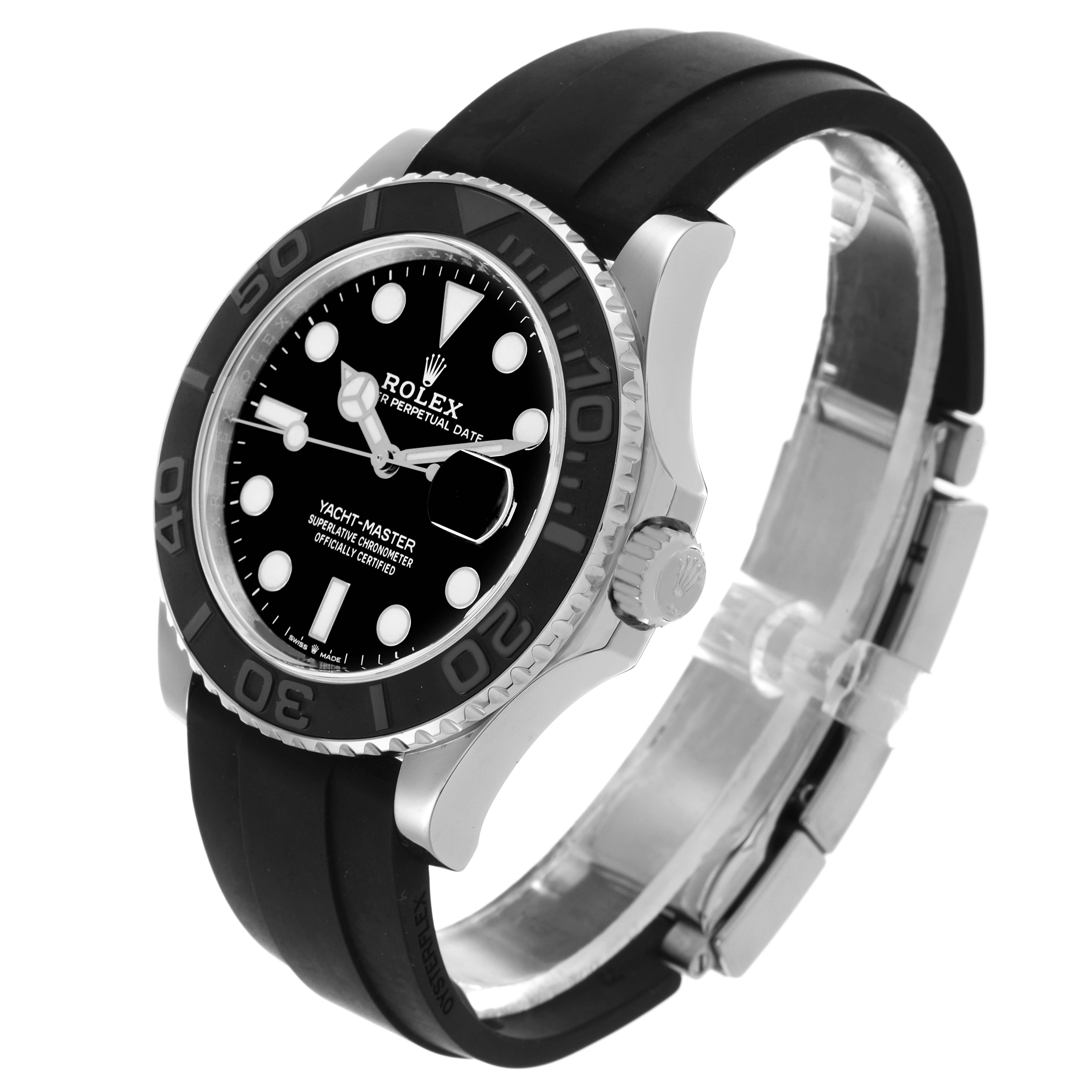 The Rolex Yacht-Master 226659 Men's White Gold Black Dial 226659 Men's White Gold Black Dial watch is shown at a three-quarter angle, displaying the black dial, bezel, and rubber strap.