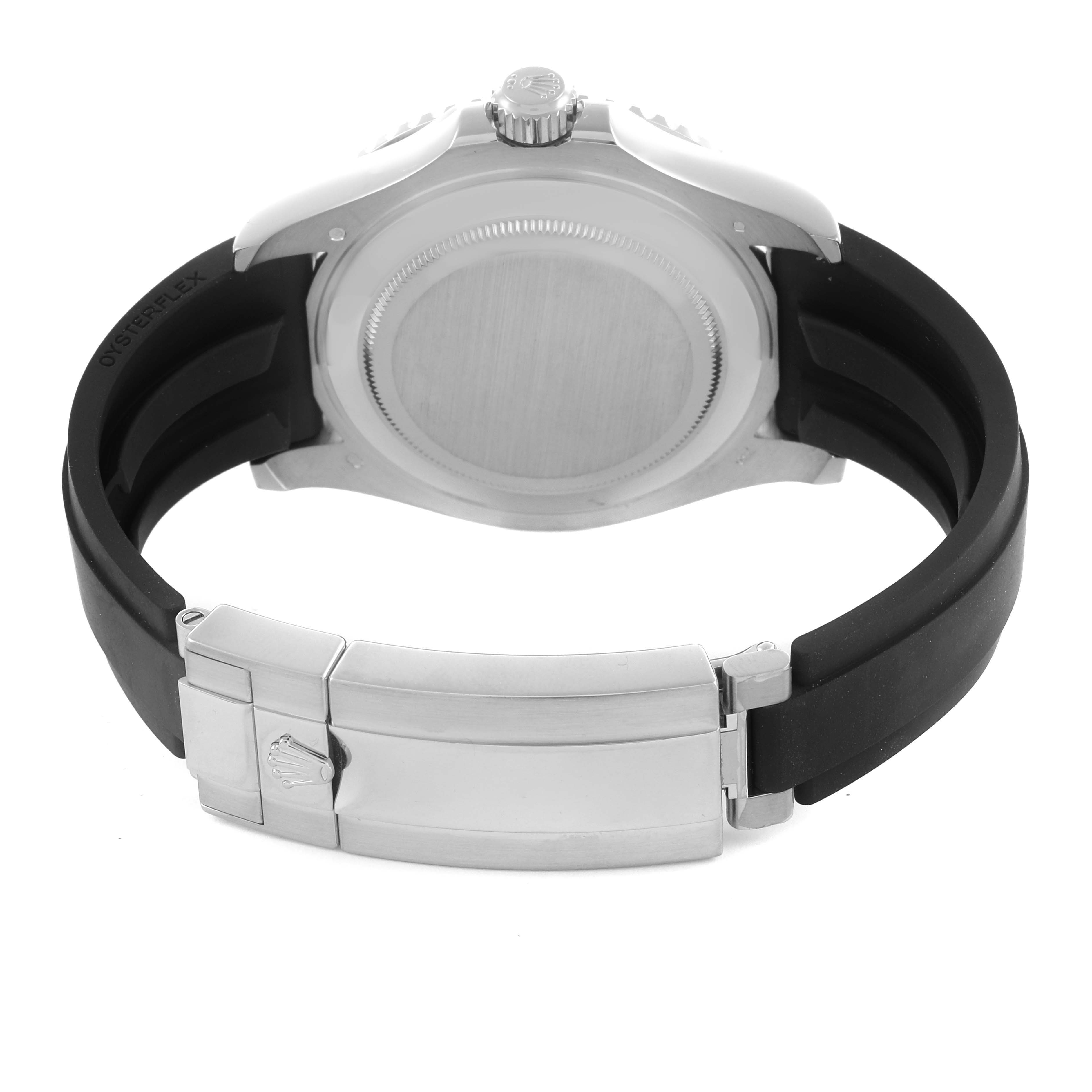 The image shows the back of the Rolex Yacht-Master 226659 Men's White Gold Black Dial 226659 Men's White Gold Black Dial watch and its clasp and rubber strap from a rear angle.