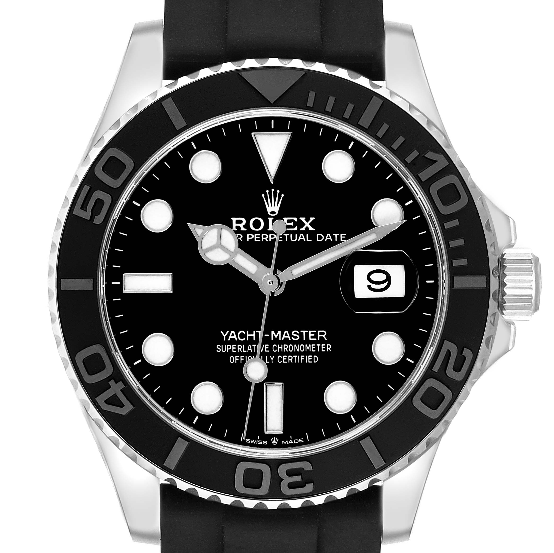 The image shows a front view of the Rolex Yacht-Master 226659 Men's White Gold Black Dial 226659 Men's White Gold Black Dial watch, highlighting the dial, bezel, and crown.
