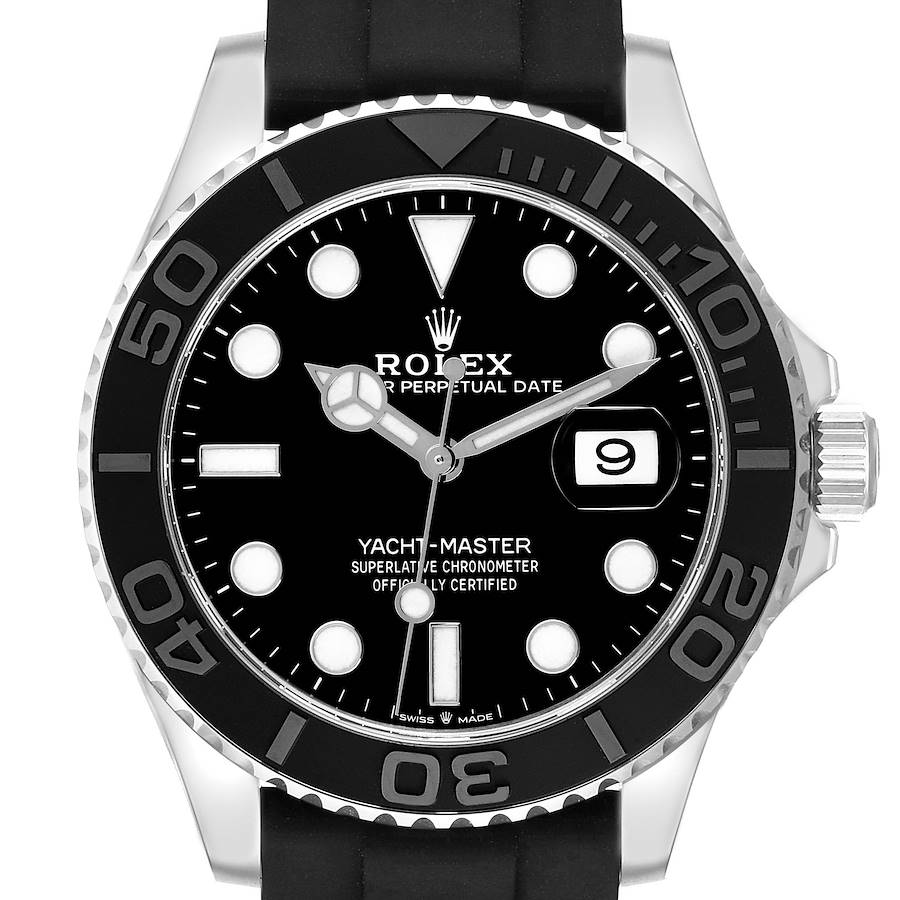 The image shows a front view of the Rolex Yacht-Master watch, highlighting the dial, bezel, and crown.