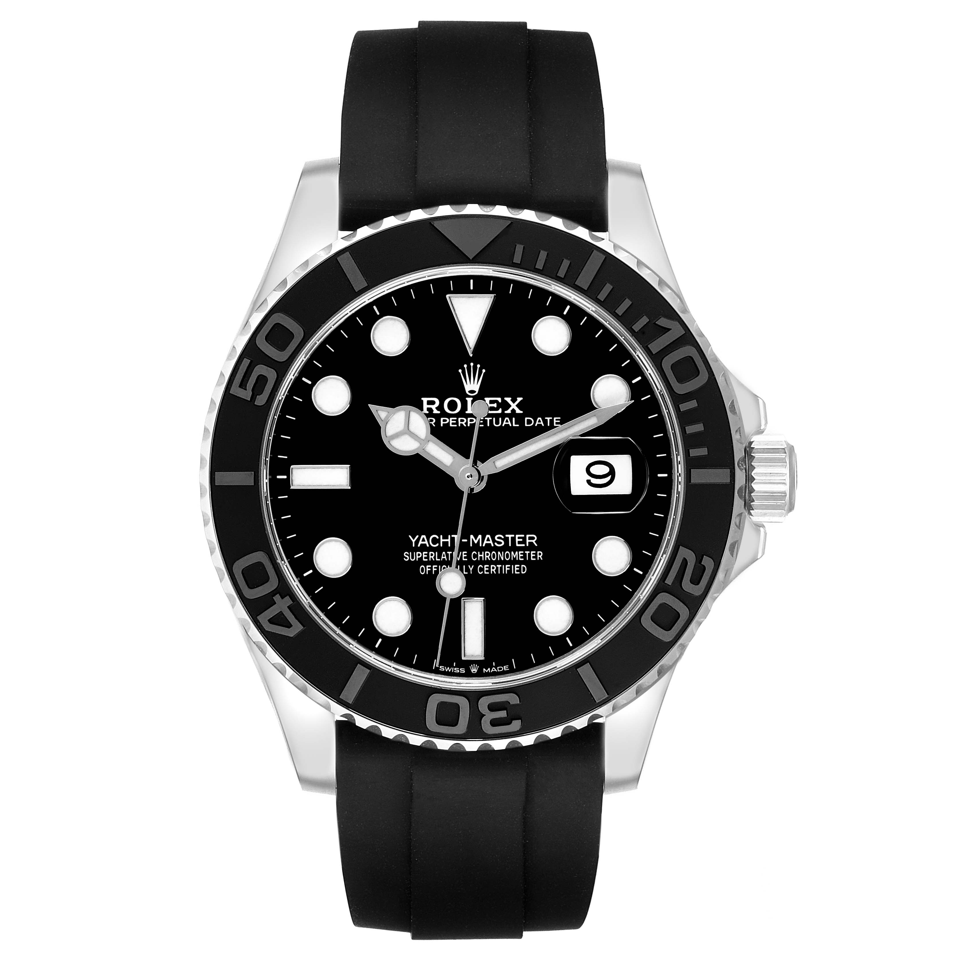 The Rolex Yacht-Master 226659 Men's White Gold Black Dial 226659 Men's White Gold Black Dial watch is shown from a front angle, displaying the dial, bezel, and black strap.