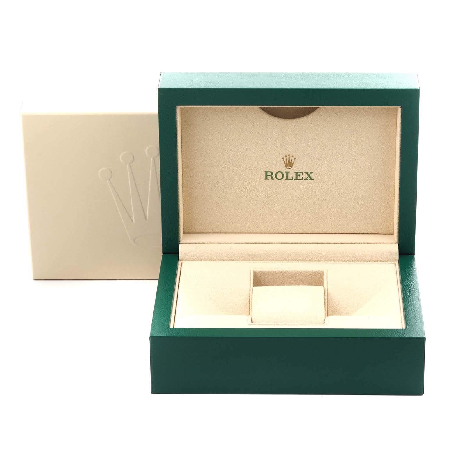 The image shows an open Rolex Yacht-Master 226659 Men's White Gold Black Dial 226659 Men's White Gold Black Dial watch box with a visible logo inside and an outer sleeve.