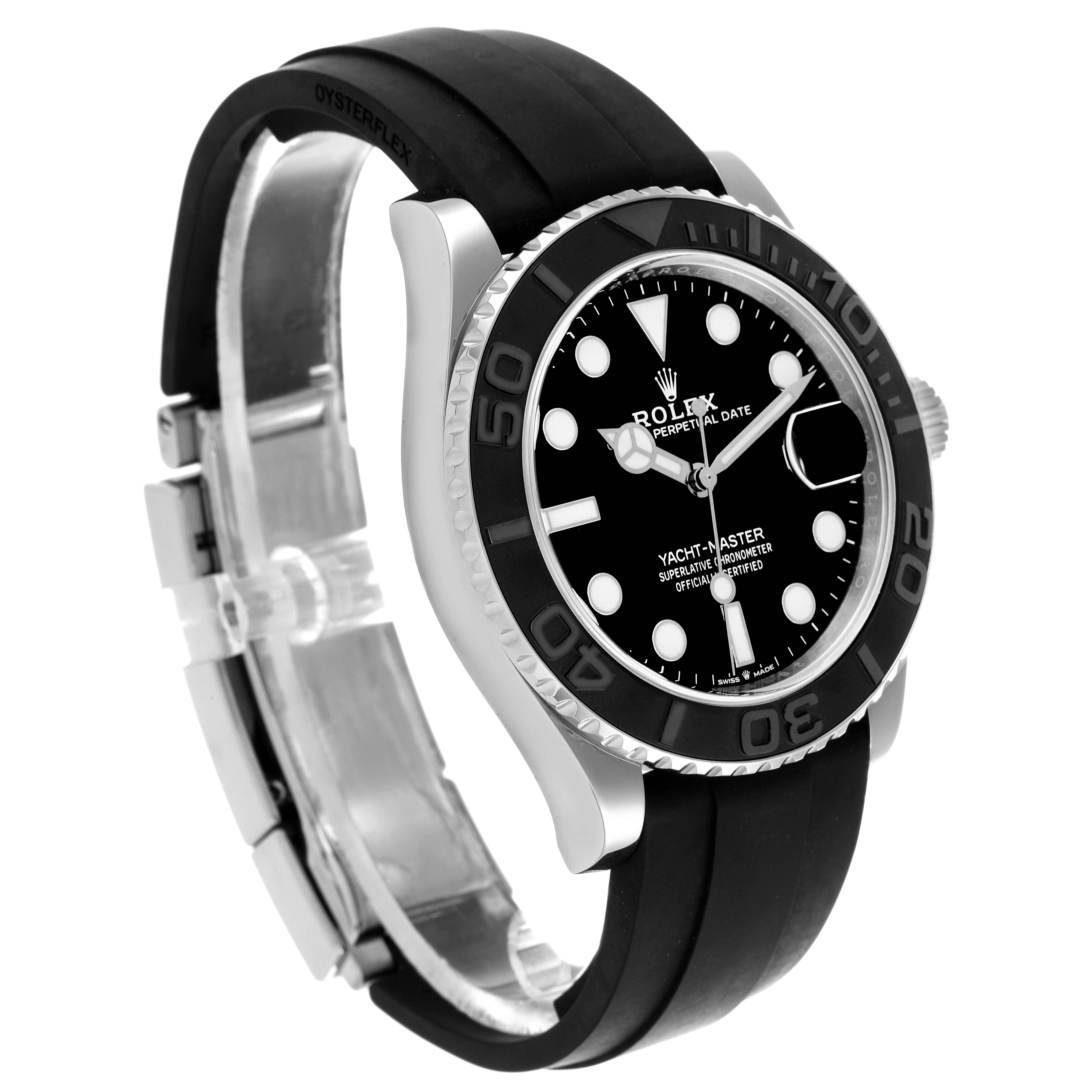 The Rolex Yacht-Master 226659 Men's White Gold Black Dial 226659 Men's White Gold Black Dial watch is shown at an angled side view, highlighting the dial, bezel, and rubber strap.