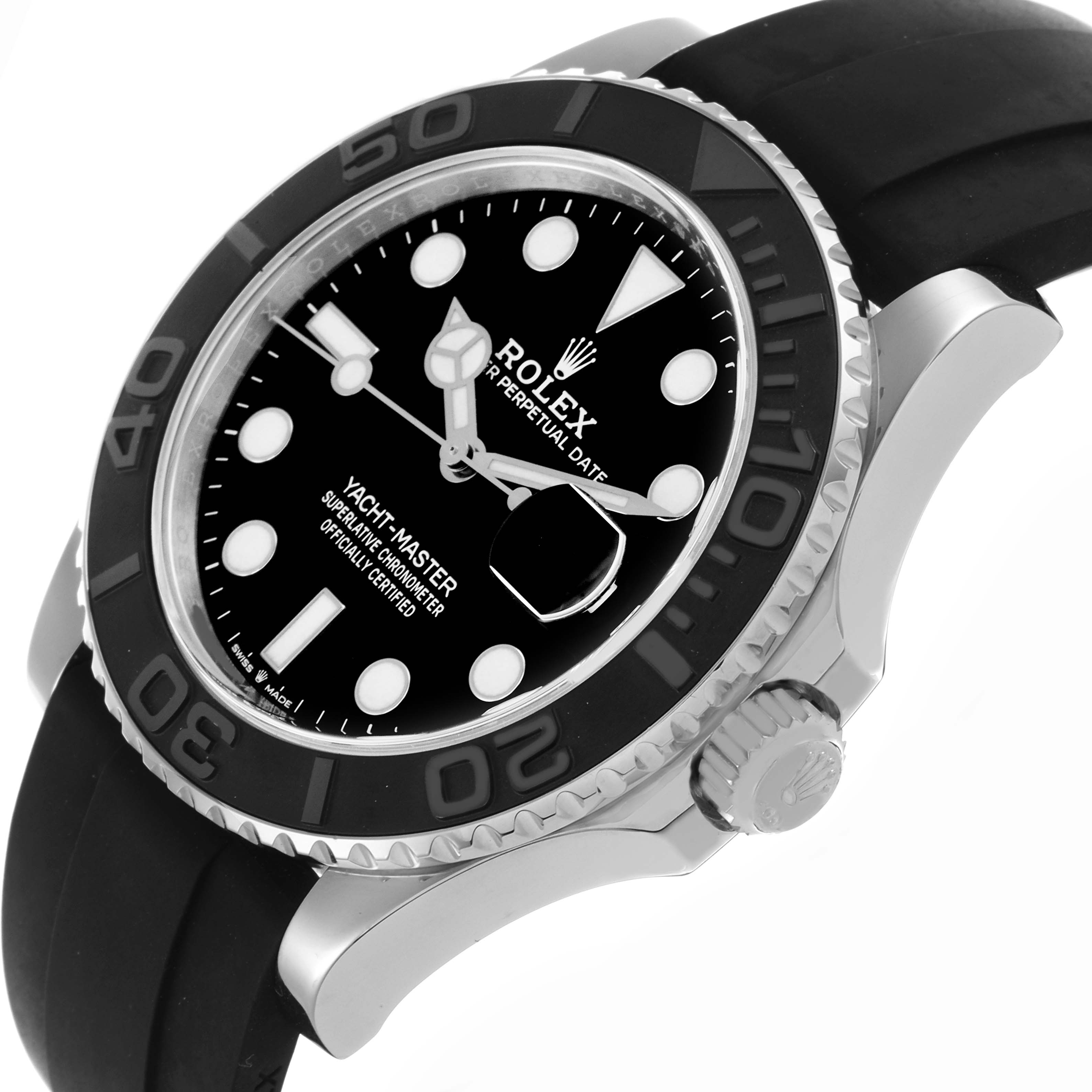 The Rolex Yacht-Master 226659 Men's White Gold Black Dial 226659 Men's White Gold Black Dial watch is shown at a front-side angle, highlighting the dial, bezel, crown, and rubber strap.