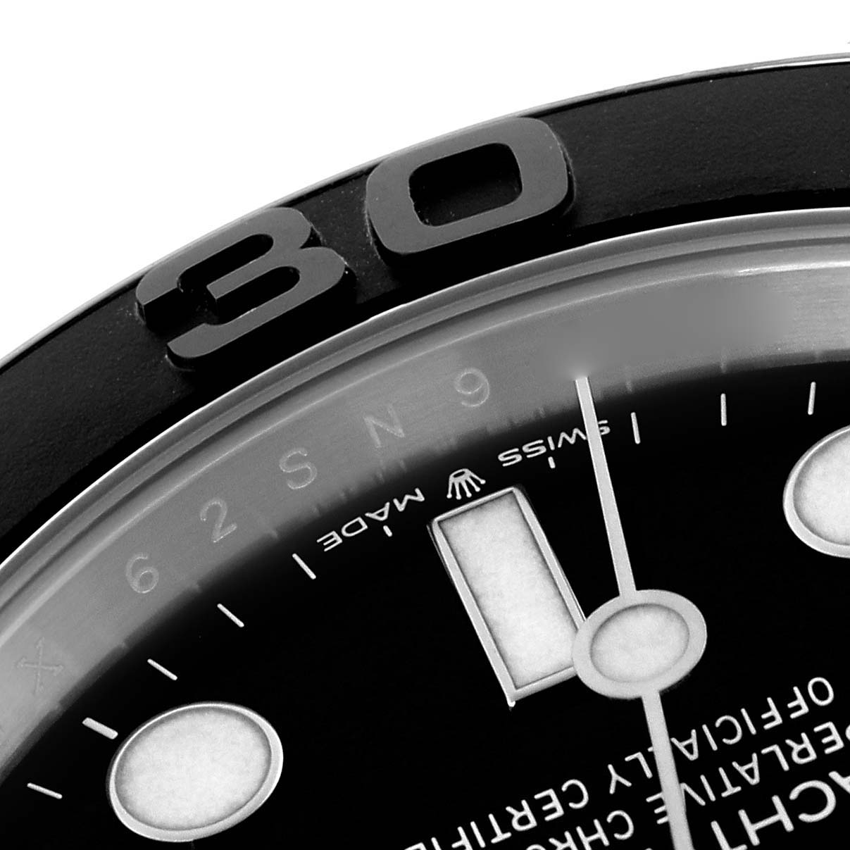 The close-up angle shows the bezel, dial, and markers of the Rolex Yacht-Master 226659 Men's White Gold Black Dial 226659 Men's White Gold Black Dial watch.