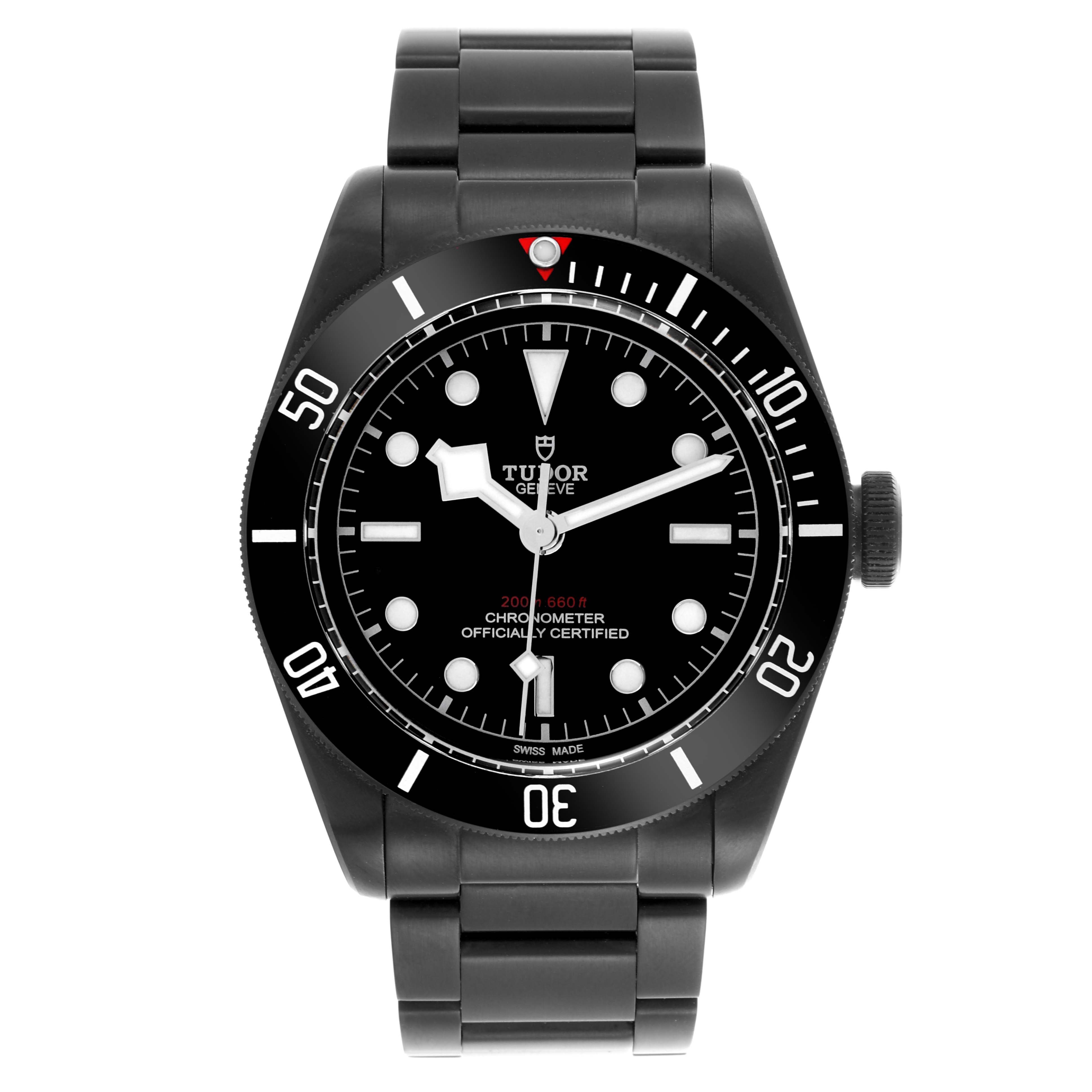 The image shows a frontal view of the Tudor Heritage Black Bay 79230DK Men
s Stainless Steel Black Dial 79230DK Men
s Stainless Steel Black Dial watch, displaying its dial and bracelet.