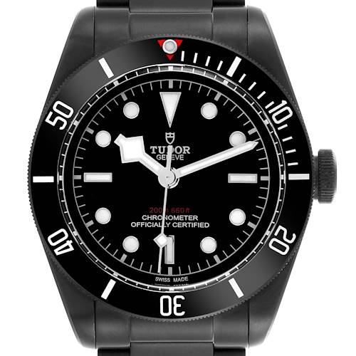 The Tudor Heritage Black Bay watch is shown from a front angle, displaying the full face, bezel, and crown.