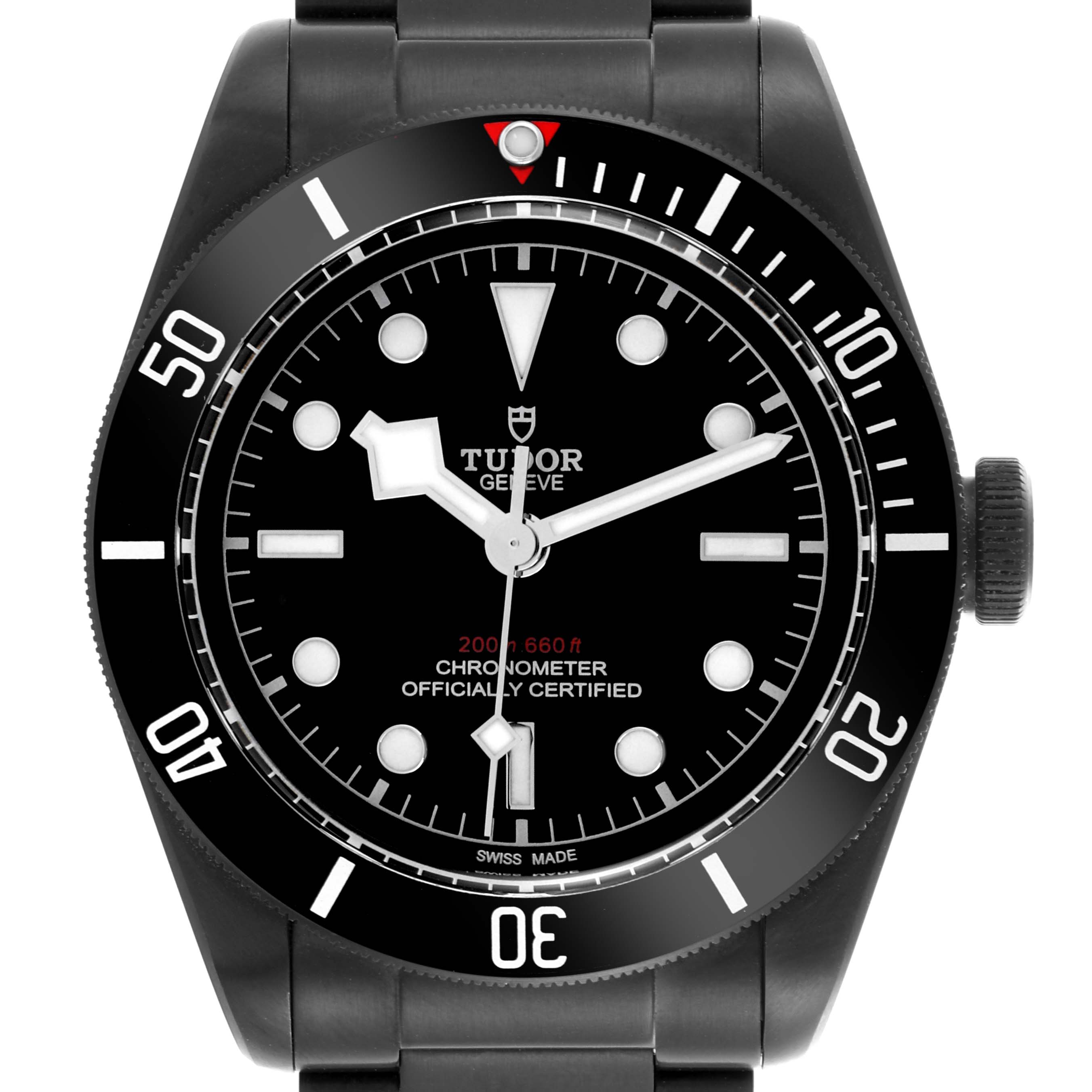 The image shows a front view of the Tudor Heritage Black Bay 79230DK Men
s Stainless Steel Black Dial 79230DK Men
s Stainless Steel Black Dial watch, highlighting the dial, bezel, and winding crown.