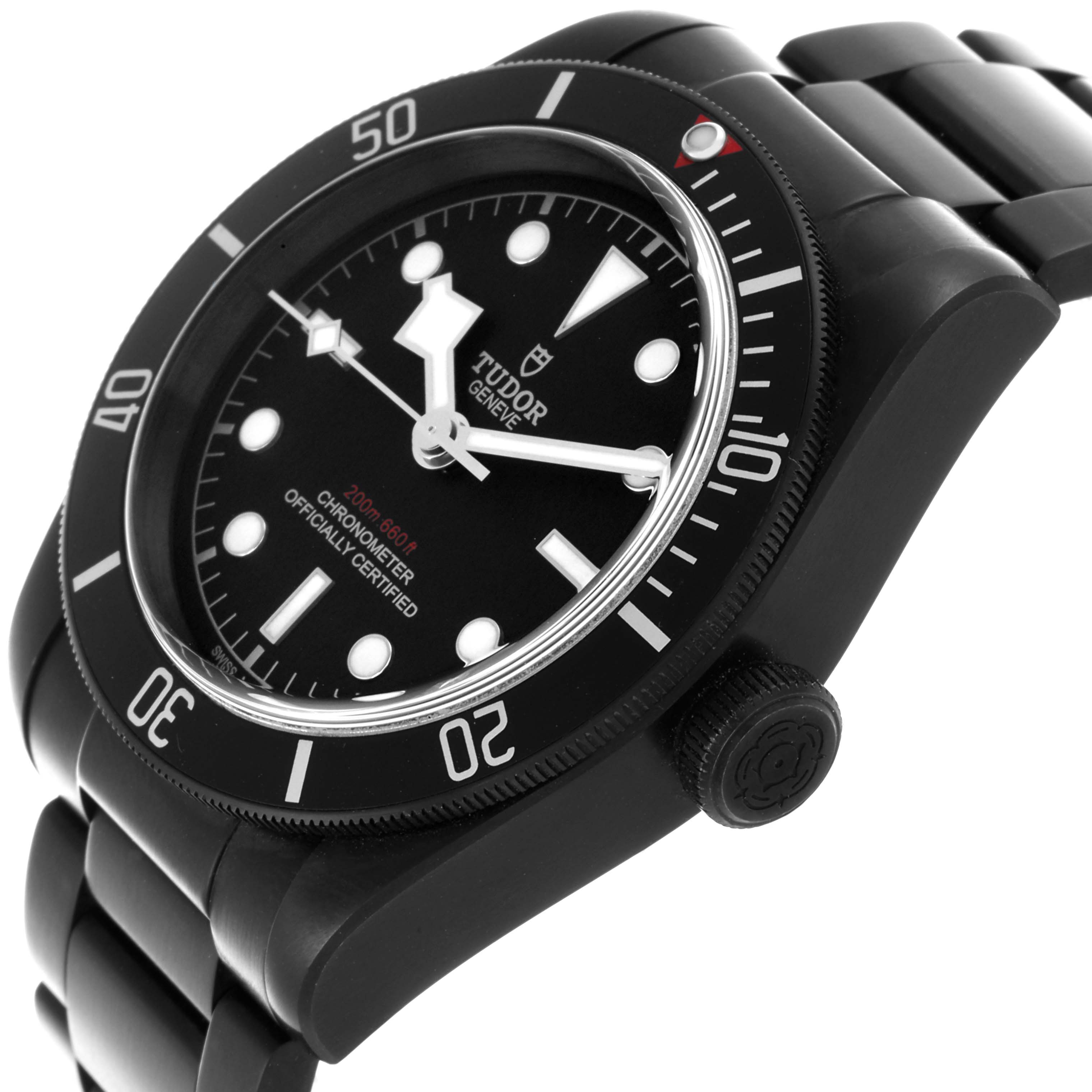The Tudor Heritage Black Bay 79230DK Men
s Stainless Steel Black Dial 79230DK Men
s Stainless Steel Black Dial watch is shown at an angled side view highlighting the bezel, face, and part of the bracelet.
