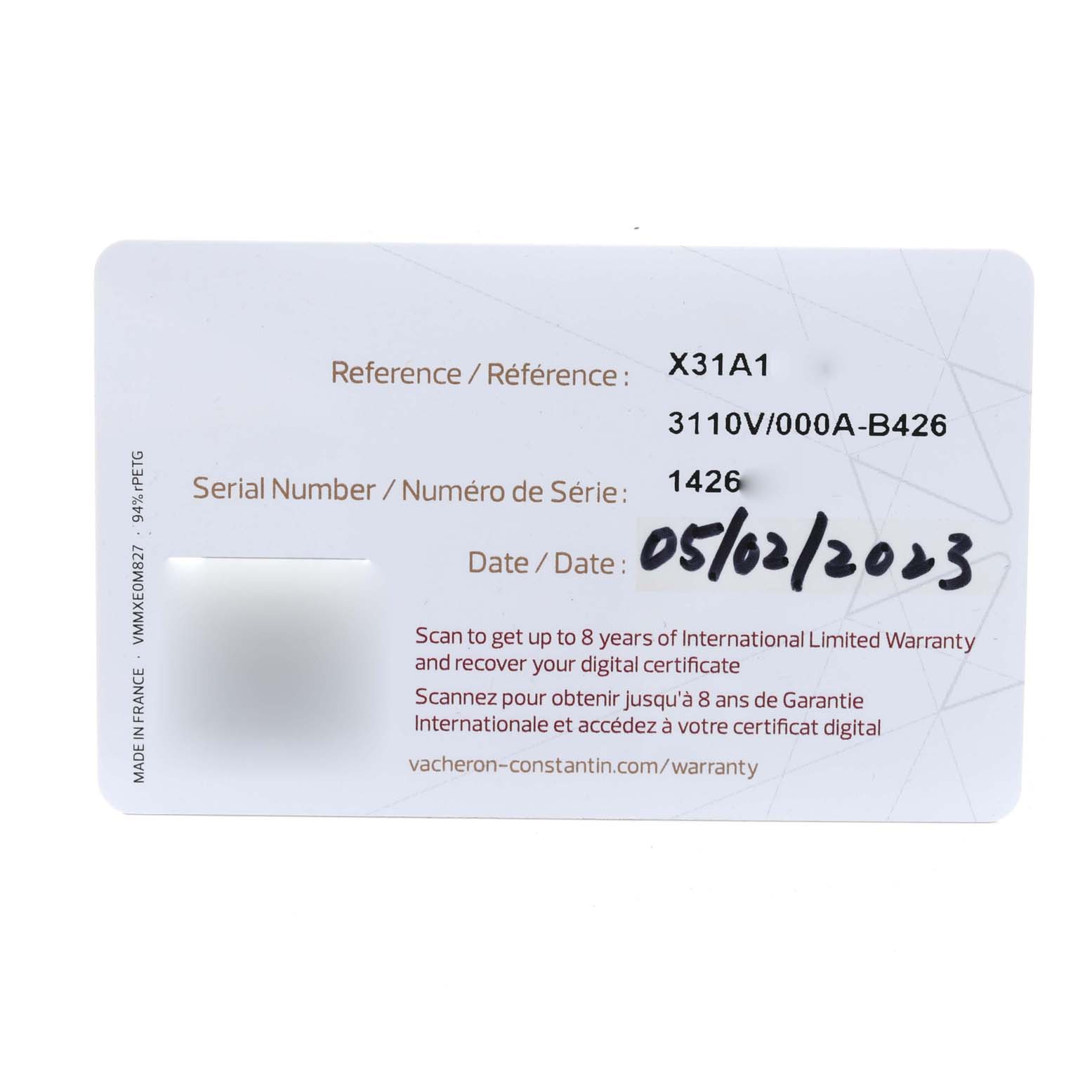 This image shows the warranty card for a Vacheron Constantin Historiques 3110V/000A-B426 Men's Stainless Steel Silver Dial 3110V/000A-B426 Men's Stainless Steel Silver Dial model watch.