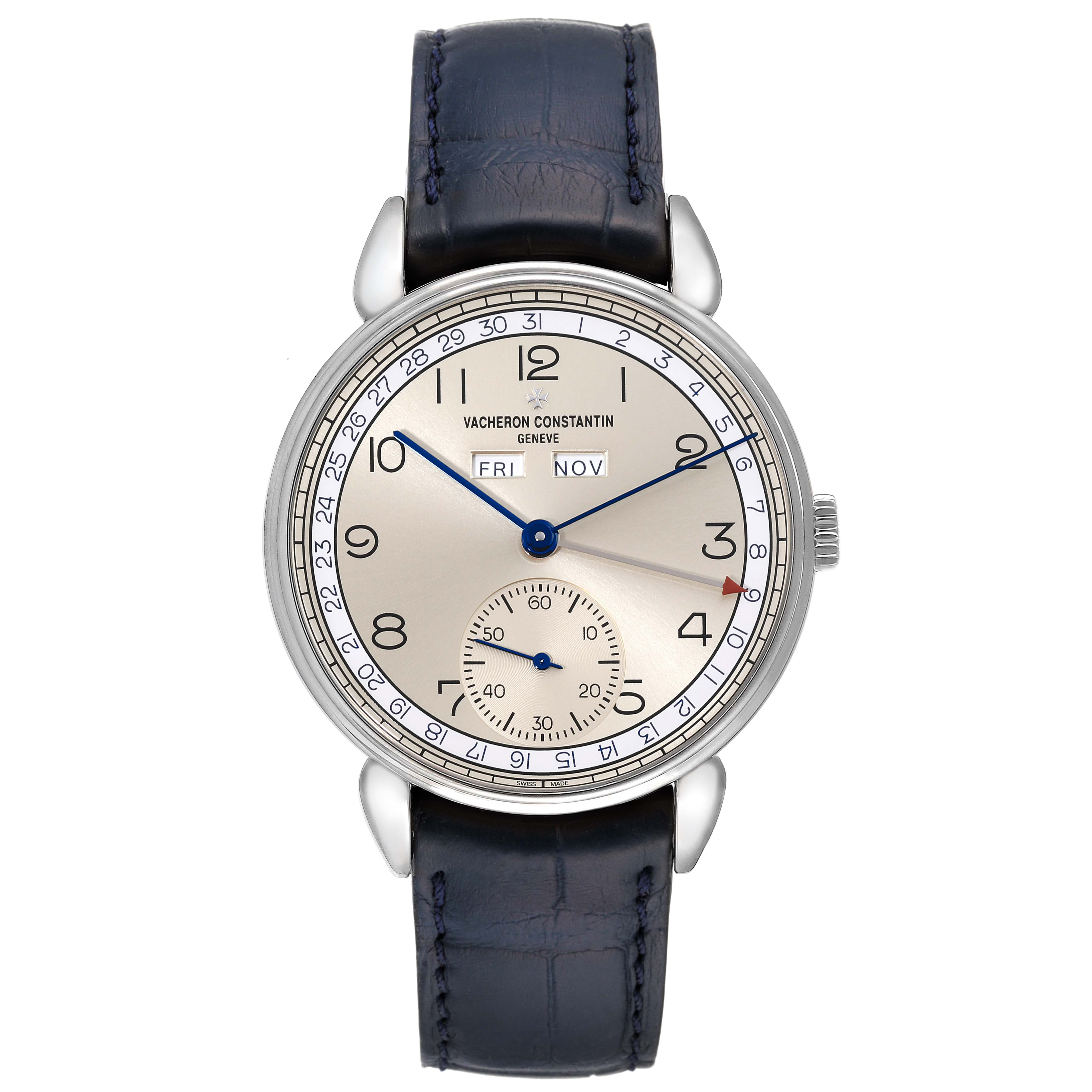The image shows a front view of a Vacheron Constantin Historiques 3110V/000A-B426 Men's Stainless Steel Silver Dial 3110V/000A-B426 Men's Stainless Steel Silver Dial watch, displaying the dial, hands, markers, and leather strap.