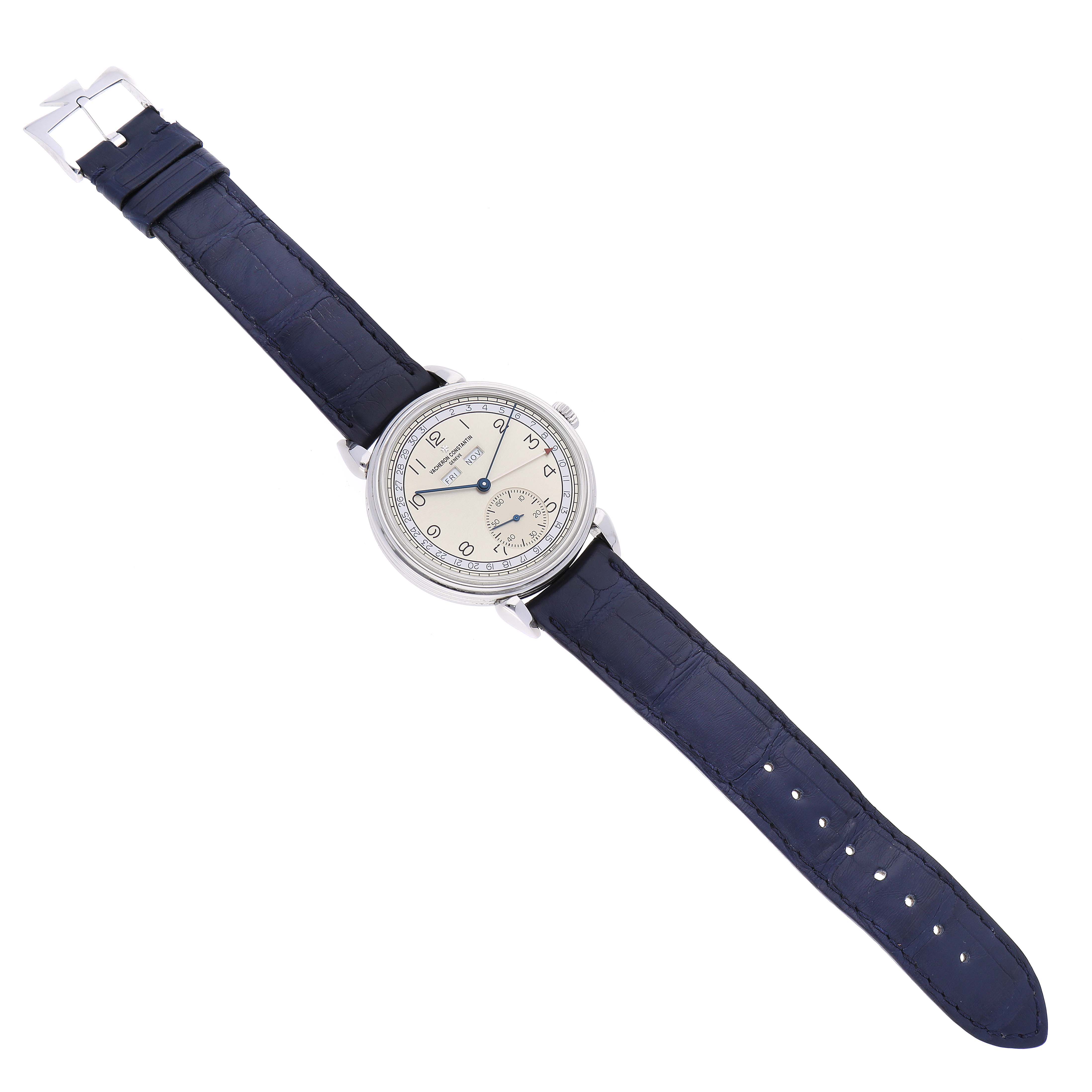 The image shows a Vacheron Constantin Historiques 3110V/000A-B426 Men's Stainless Steel Silver Dial 3110V/000A-B426 Men's Stainless Steel Silver Dial watch with a blue leather strap, viewed from above, displaying the dial and entire strap.