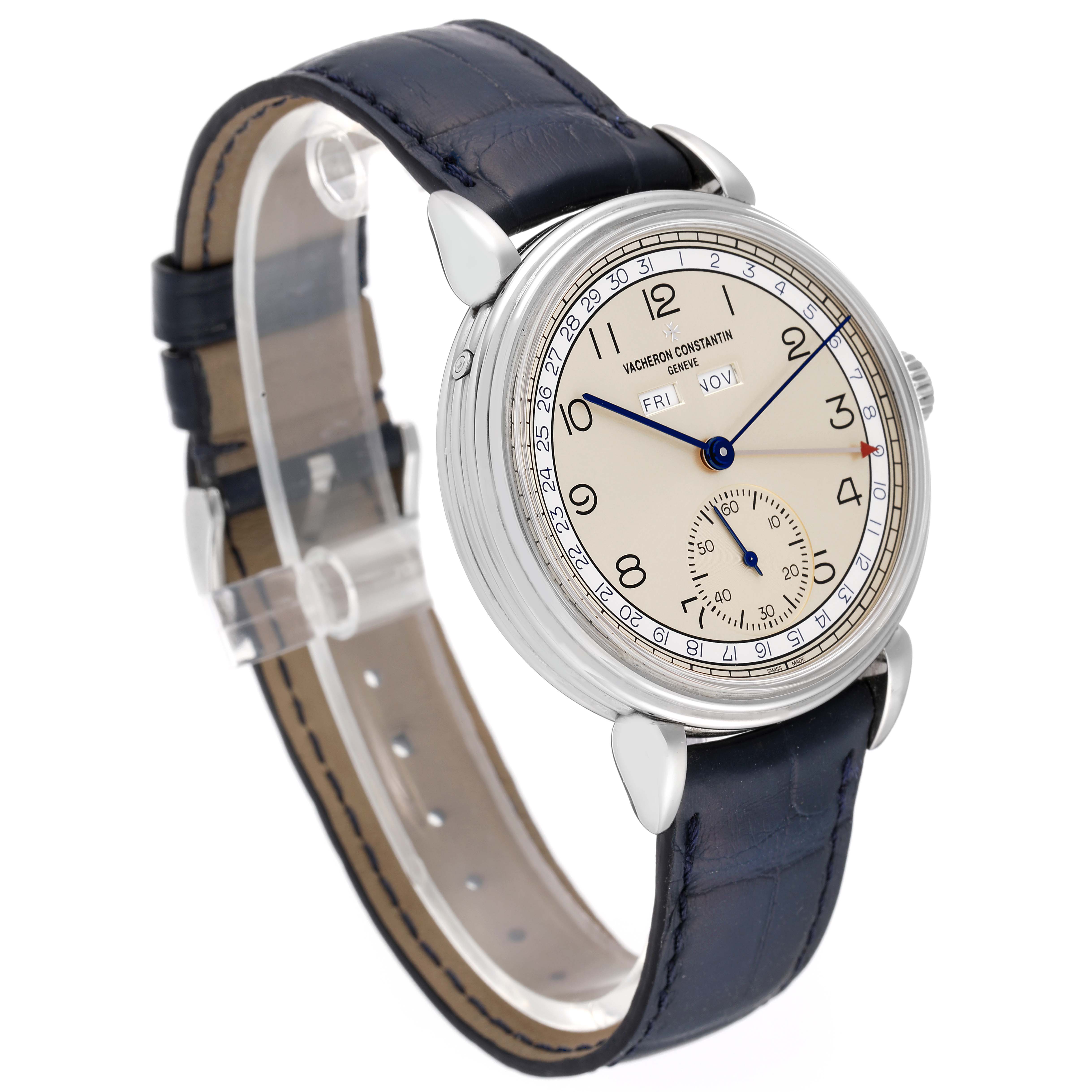 The Vacheron Constantin Historiques 3110V/000A-B426 Men's Stainless Steel Silver Dial 3110V/000A-B426 Men's Stainless Steel Silver Dial watch is shown at a slight angle, highlighting its dial, case, blue hands, and blue leather strap.