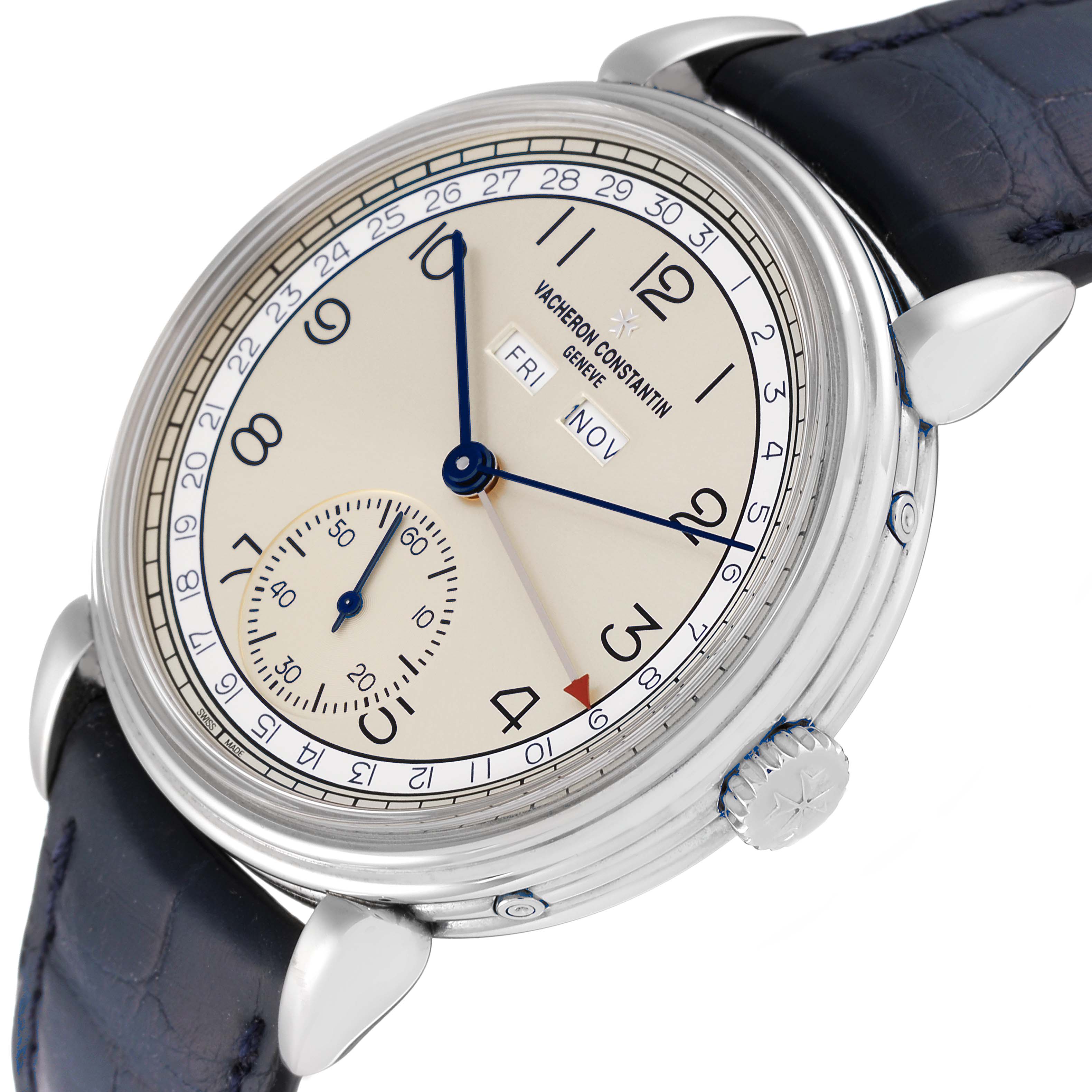 This image shows a Vacheron Constantin Historiques 3110V/000A-B426 Men's Stainless Steel Silver Dial 3110V/000A-B426 Men's Stainless Steel Silver Dial watch at an angled top-down view displaying the dial, sub-dial, case, and crown.