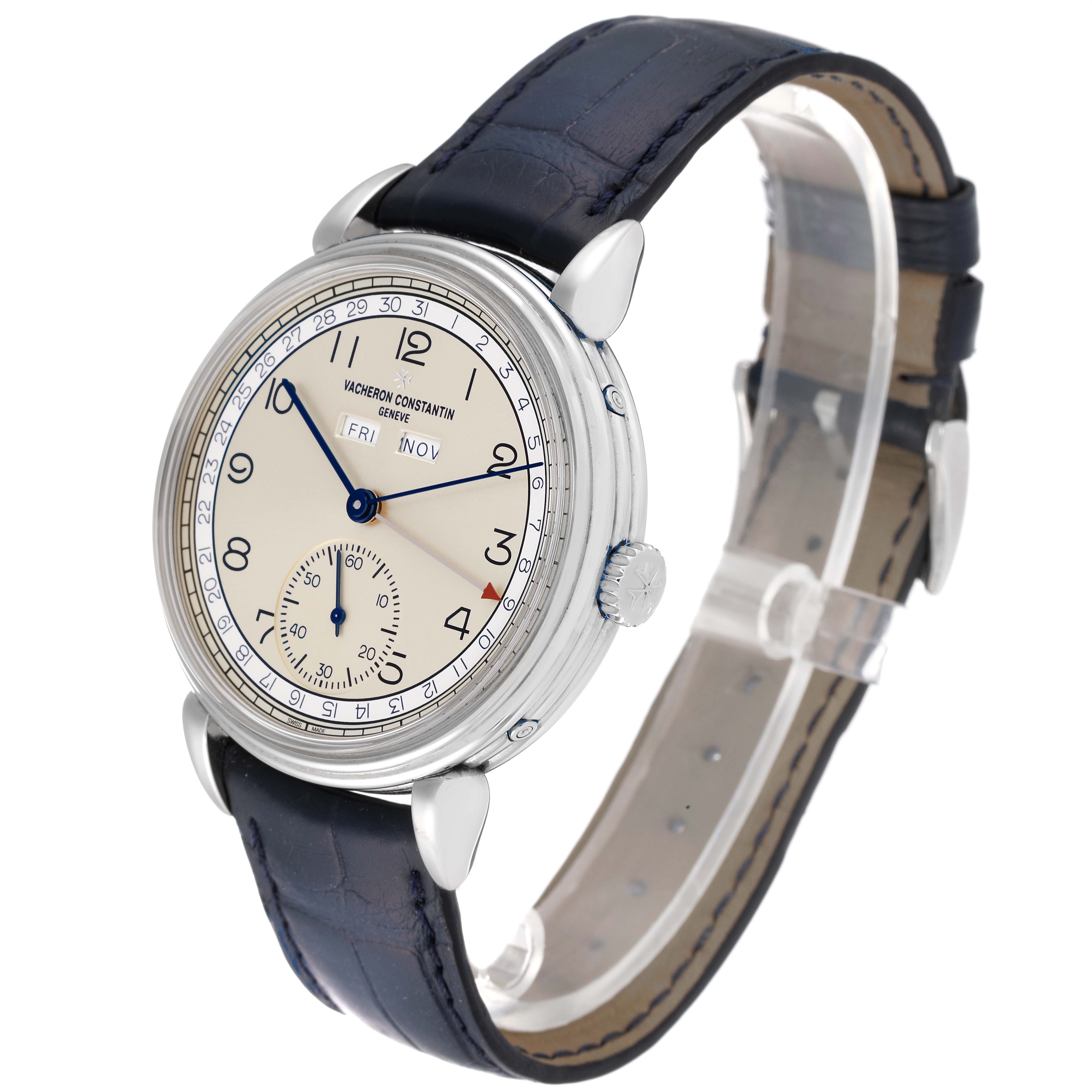 This image shows a Vacheron Constantin Historiques 3110V/000A-B426 Men's Stainless Steel Silver Dial 3110V/000A-B426 Men's Stainless Steel Silver Dial model watch at a side angle displaying the dial, bezel, case, and leather strap.