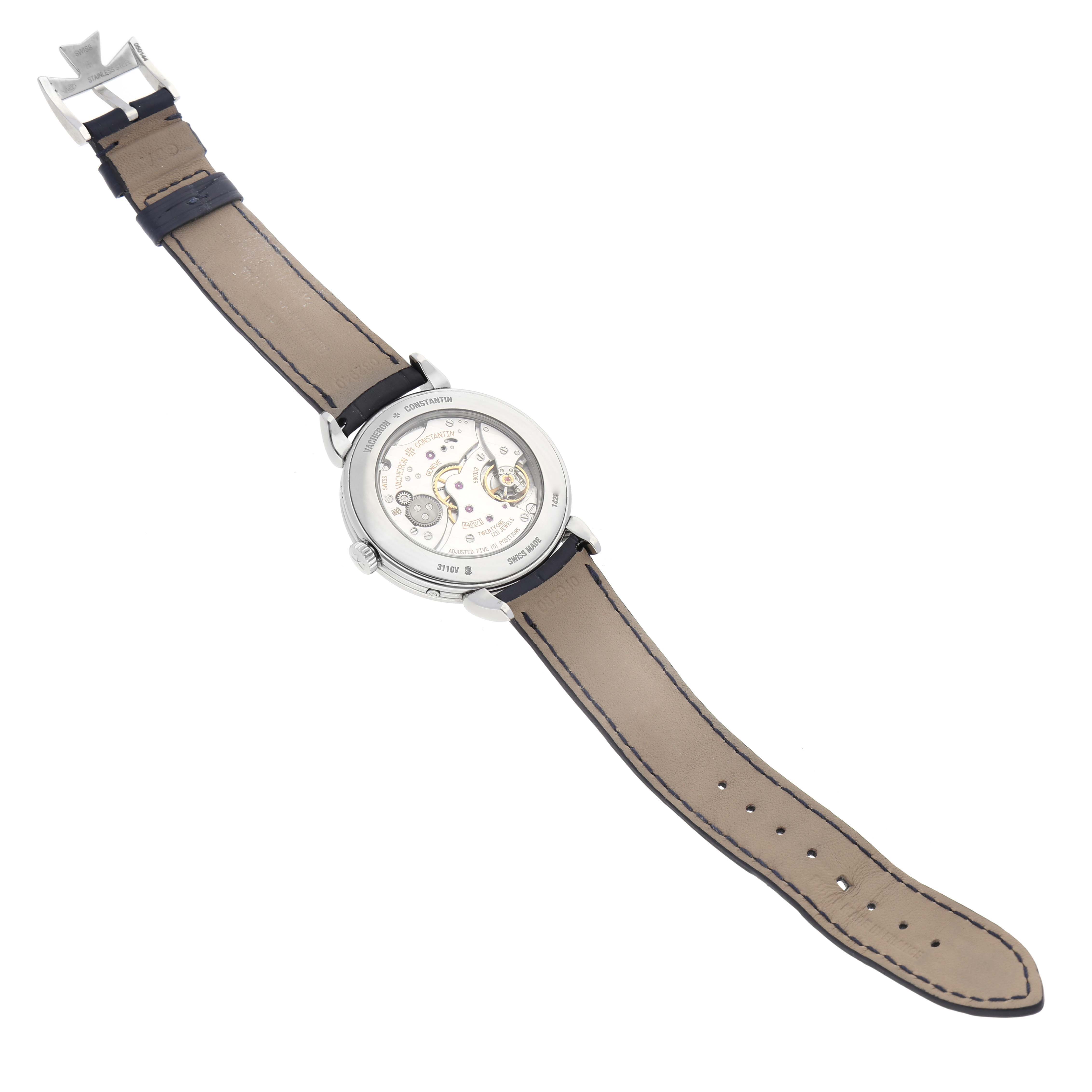 The image shows the back view of the Vacheron Constantin Historiques 3110V/000A-B426 Men's Stainless Steel Silver Dial 3110V/000A-B426 Men's Stainless Steel Silver Dial model watch, highlighting its open case back and leather strap.