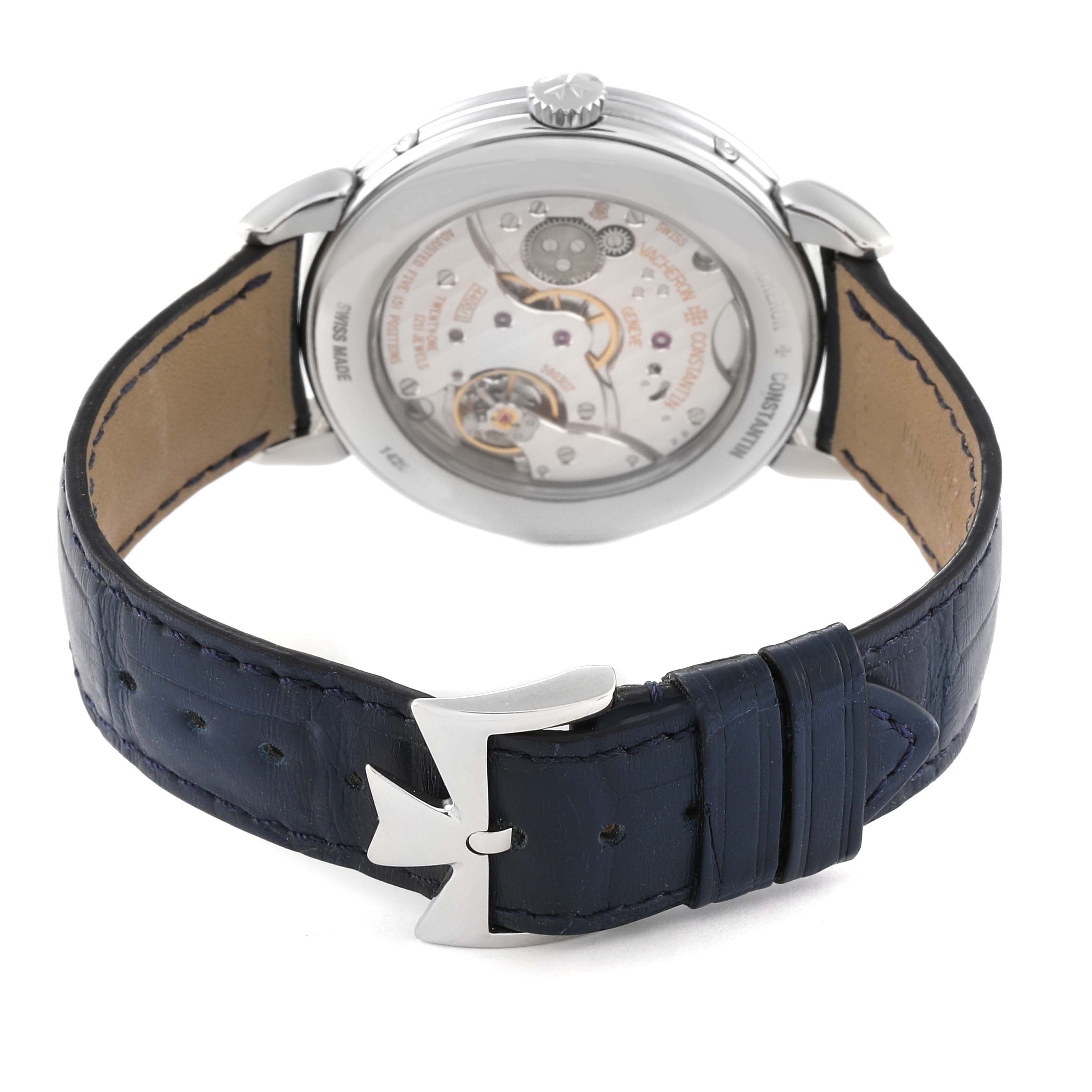 The image shows the back view of the Vacheron Constantin Historiques 3110V/000A-B426 Men's Stainless Steel Silver Dial 3110V/000A-B426 Men's Stainless Steel Silver Dial watch, highlighting the mechanical movement and leather strap.