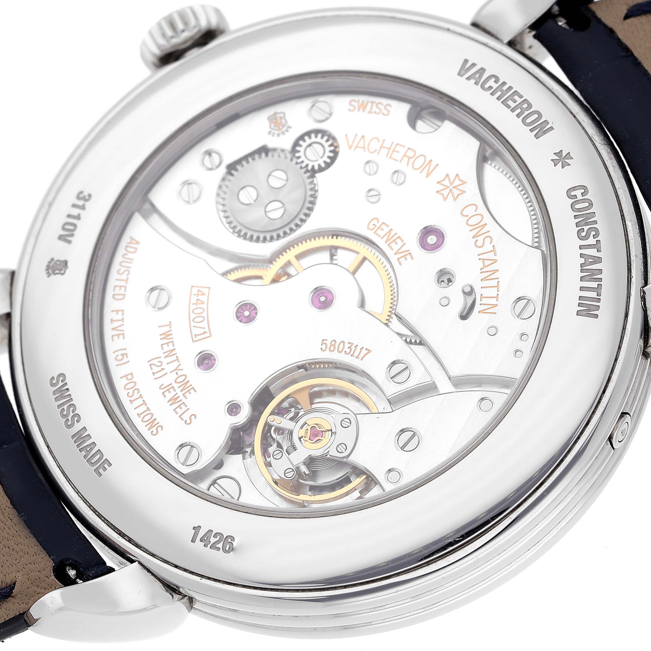 The image shows the backside of a Vacheron Constantin Historiques 3110V/000A-B426 Men's Stainless Steel Silver Dial 3110V/000A-B426 Men's Stainless Steel Silver Dial watch, highlighting its intricate movement and inner workings.