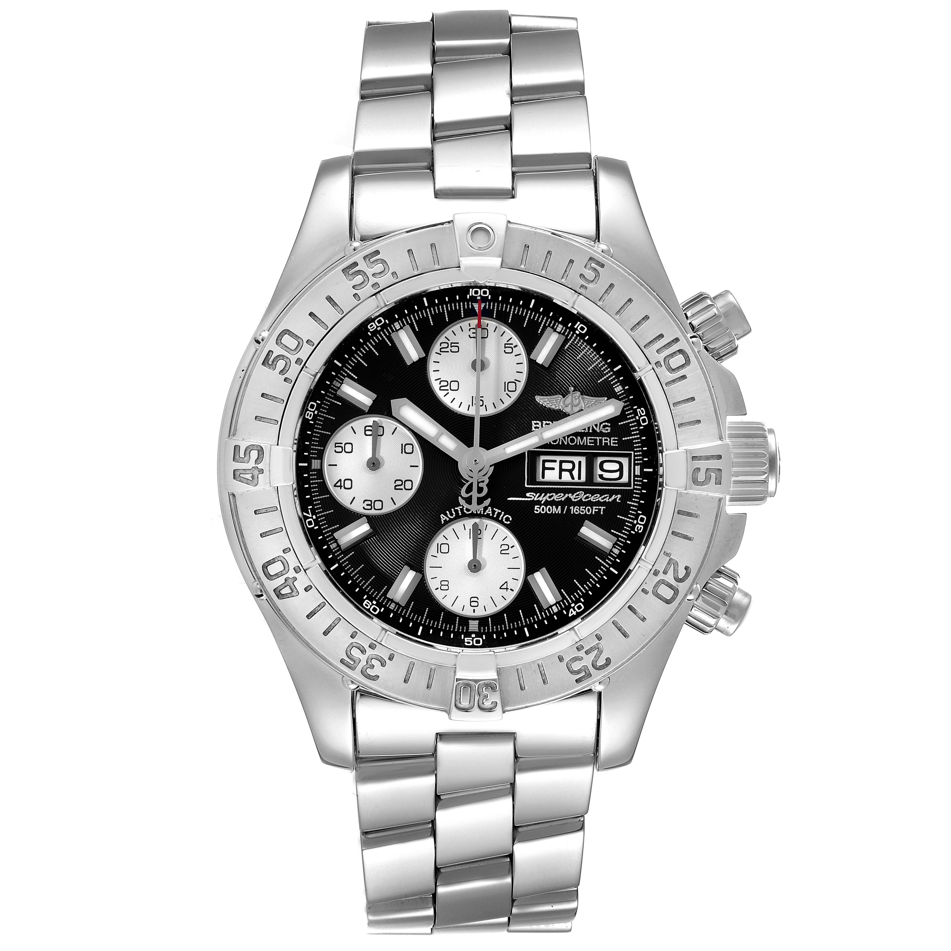 The image shows a front view of the Breitling Superocean A13340 Men's Stainless Steel Black Dial A13340 Men's Stainless Steel Black Dial watch, displaying the dial, bezel, and stainless steel bracelet.