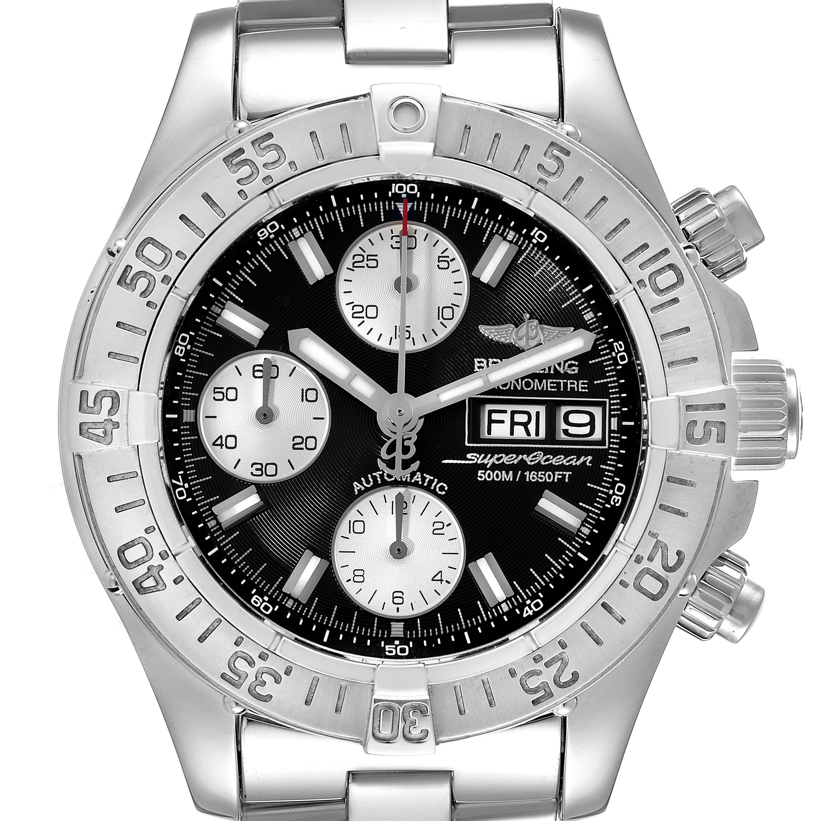 This image shows the front view of a Breitling Superocean A13340 Men's Stainless Steel Black Dial A13340 Men's Stainless Steel Black Dial watch, highlighting its dial, chronographs, bezel, and date display.