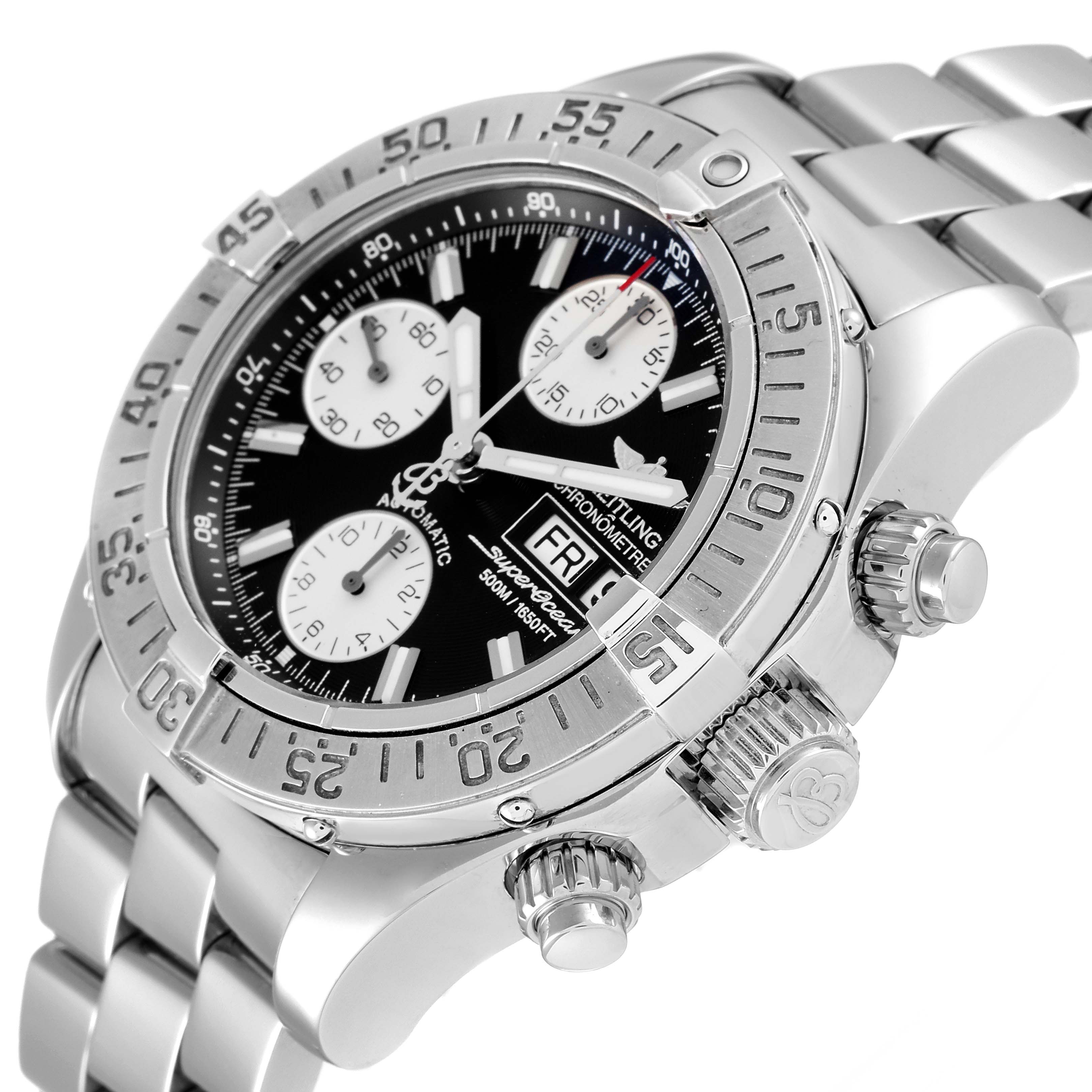 The image shows a Breitling Superocean A13340 Men's Stainless Steel Black Dial A13340 Men's Stainless Steel Black Dial watch at a slight side angle, highlighting its dial, bezel, and stainless steel bracelet.
