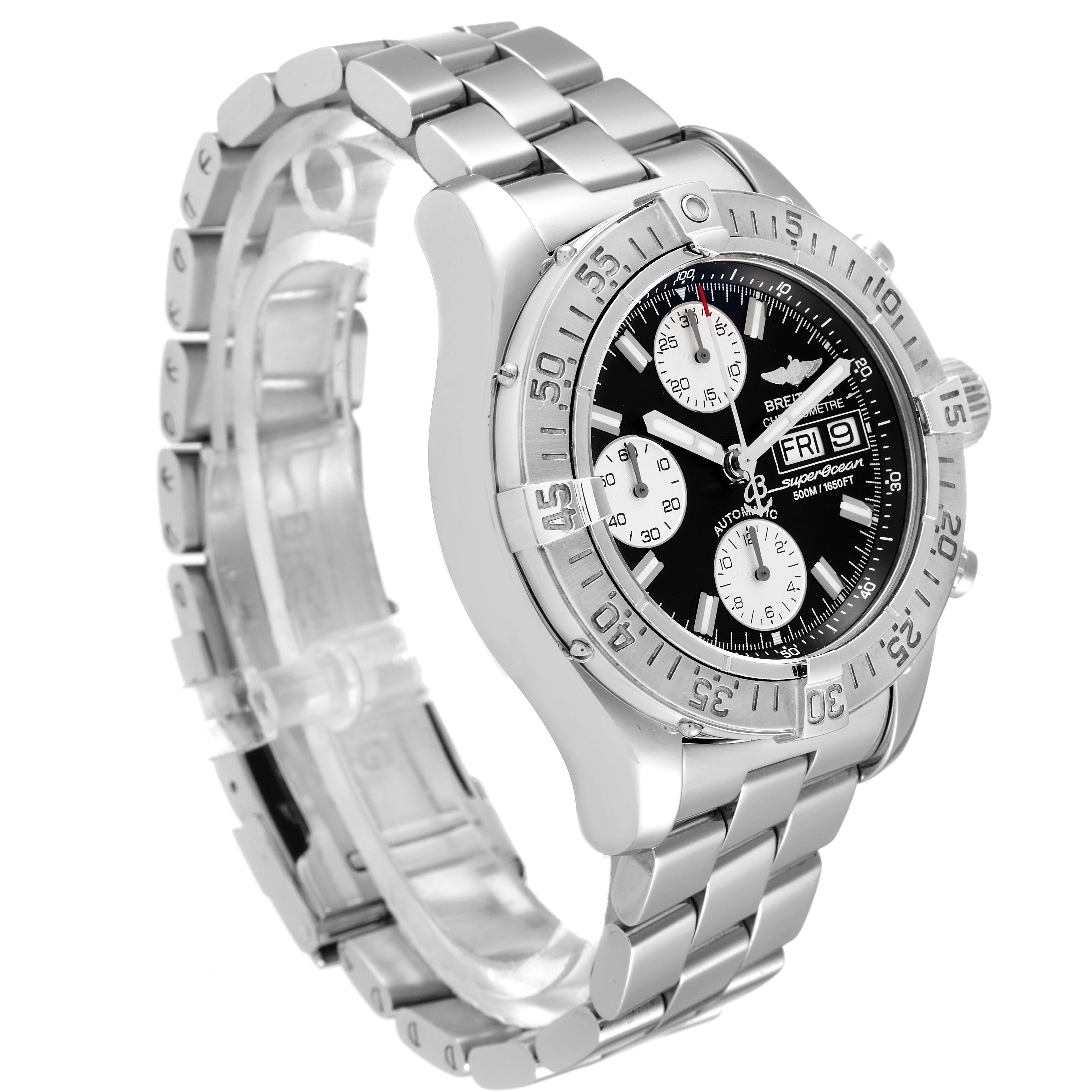 The image shows a side angle view of the Breitling Superocean A13340 Men's Stainless Steel Black Dial A13340 Men's Stainless Steel Black Dial watch, highlighting the metal bracelet, bezel, and dial.