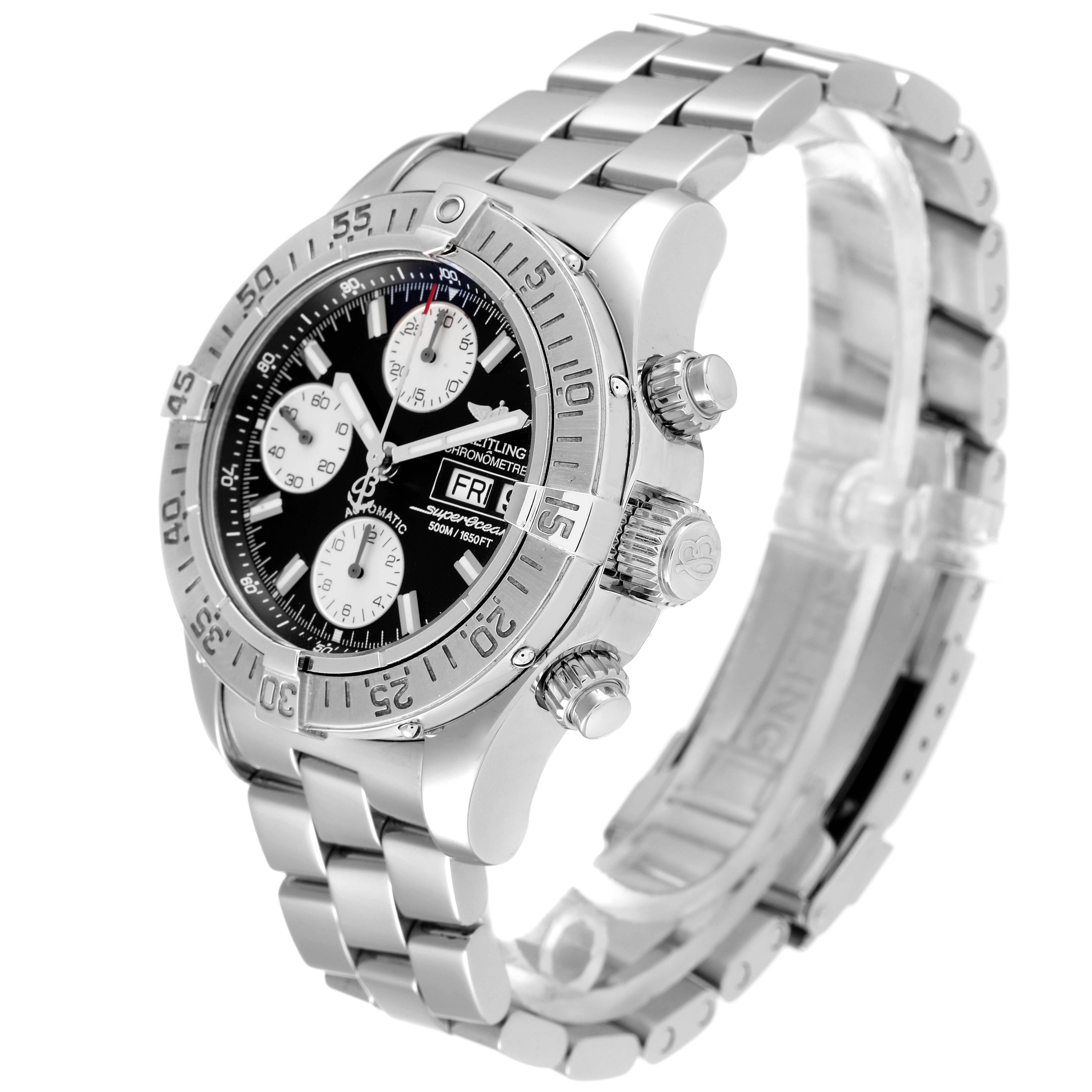 The image shows a Breitling Superocean A13340 Men's Stainless Steel Black Dial A13340 Men's Stainless Steel Black Dial watch from a three-quarter angle, highlighting its face, bezel, crown, and metal band.